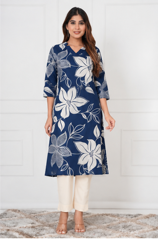 Bold Floral Printed Women Cotton Kurti - Navy Blue