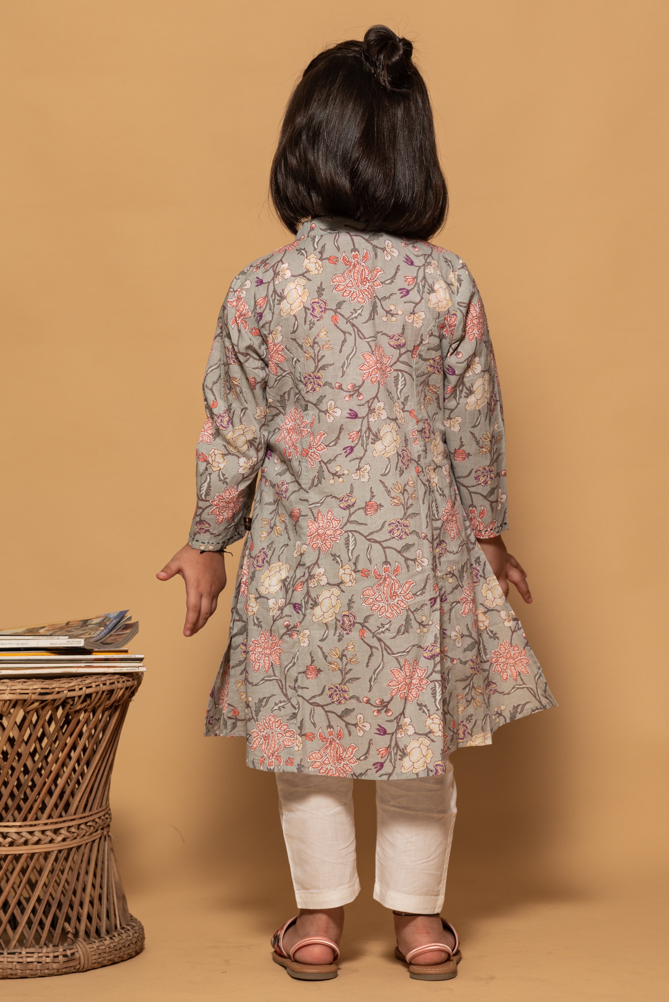 Fern Green with Pink Floral Printed Cotton Kurti