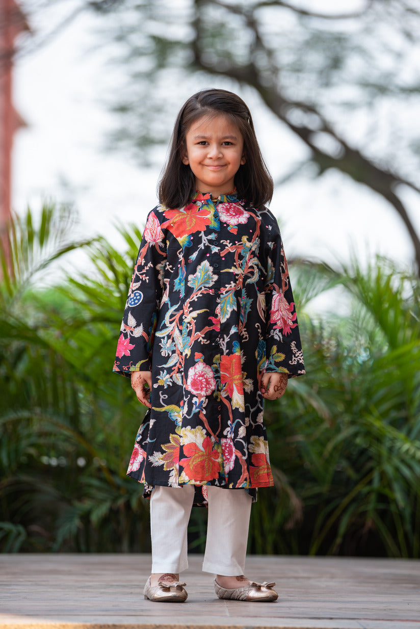 Black Embellished Floral Printed Cotton Kurti