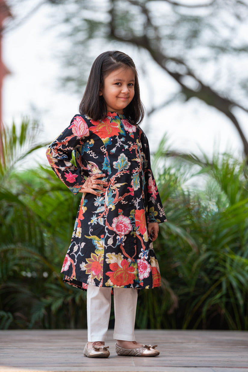Black Embellished Floral Printed Cotton Kurti