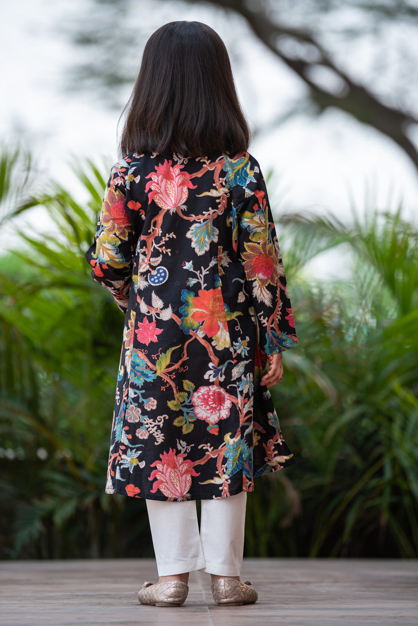 Black Embellished Floral Printed Cotton Kurti