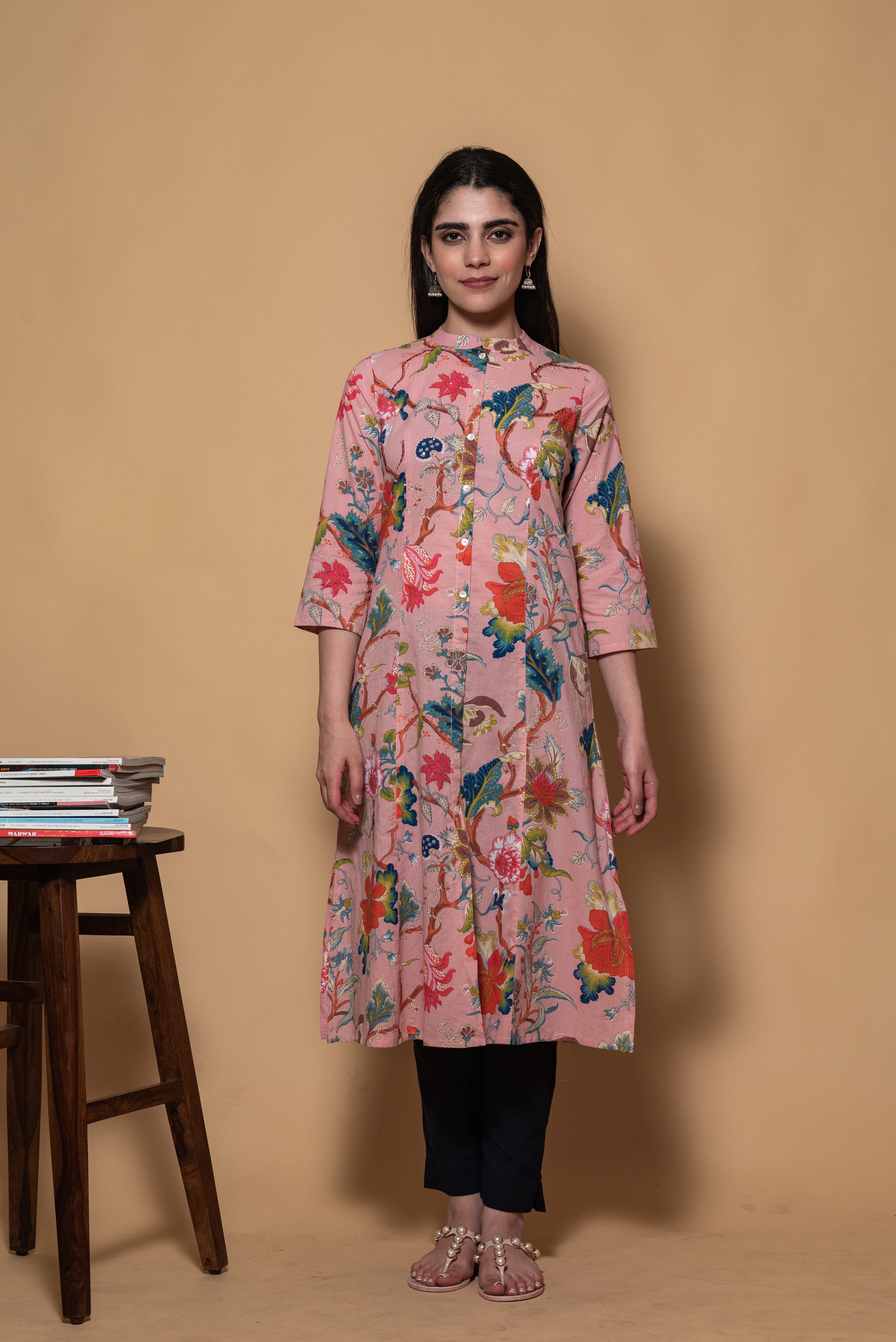 Pink floral printed embroidered cotton kurta