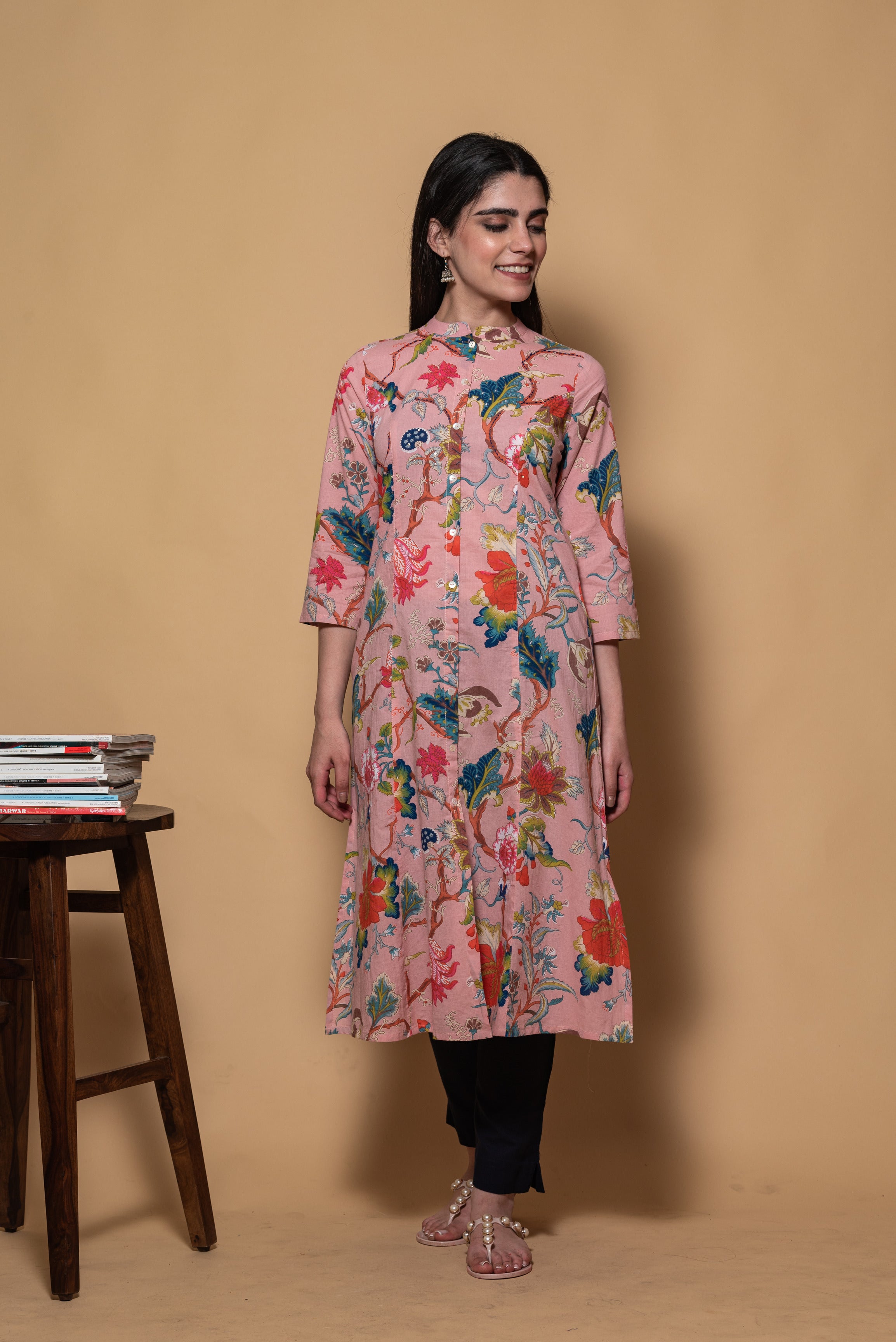Pink floral printed embroidered cotton kurta