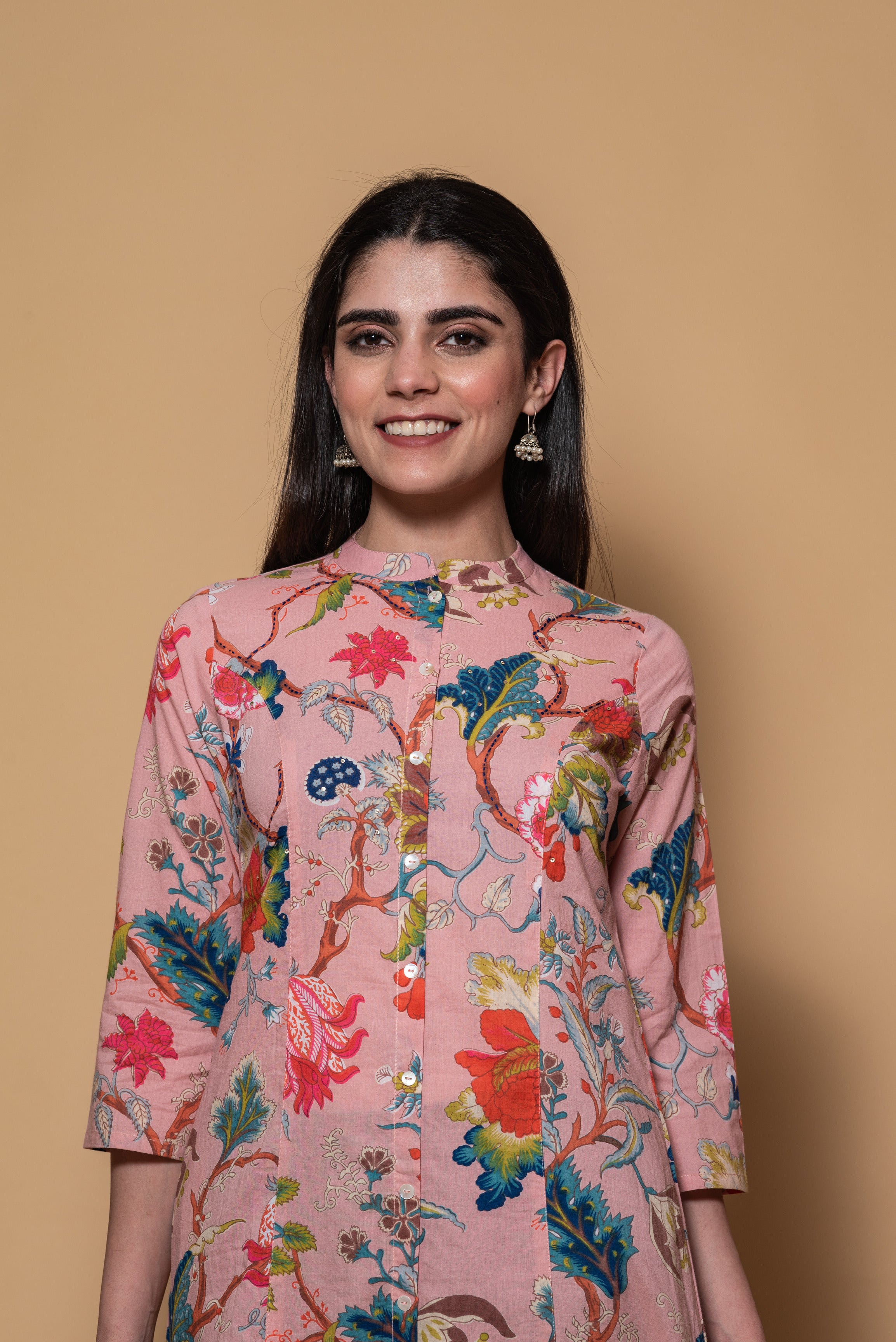 Pink floral printed embroidered cotton kurta