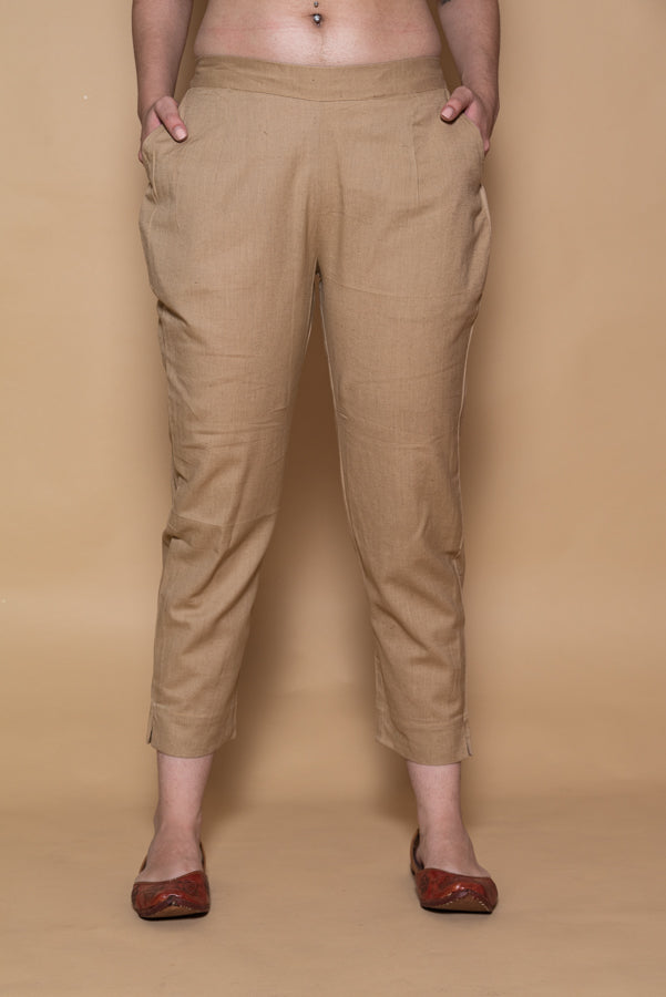 Greenish-Brown Cotton Stretchable Straight Pant