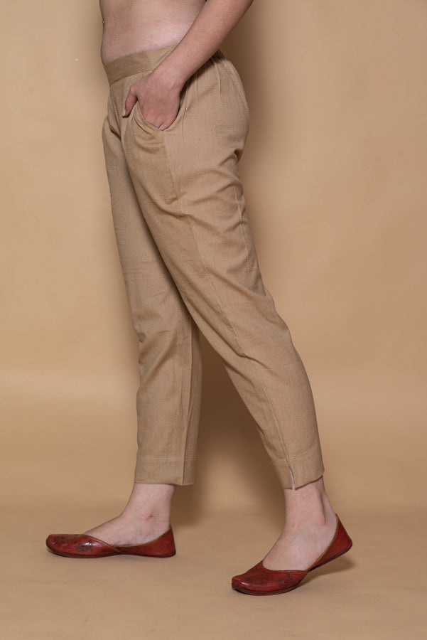 Greenish-Brown Cotton Stretchable Straight Pant