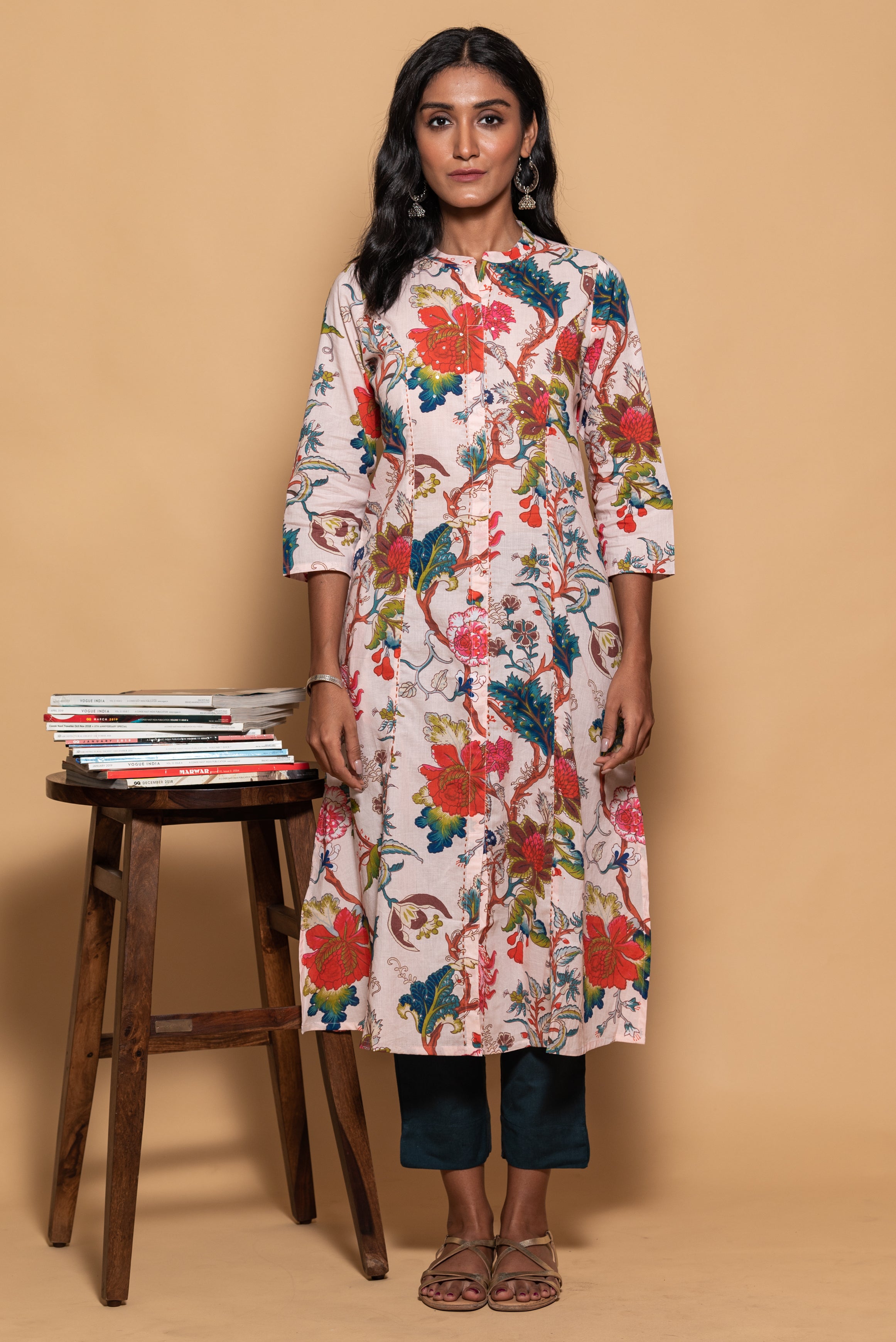 Light Peach Floral Printed Cotton Kurti