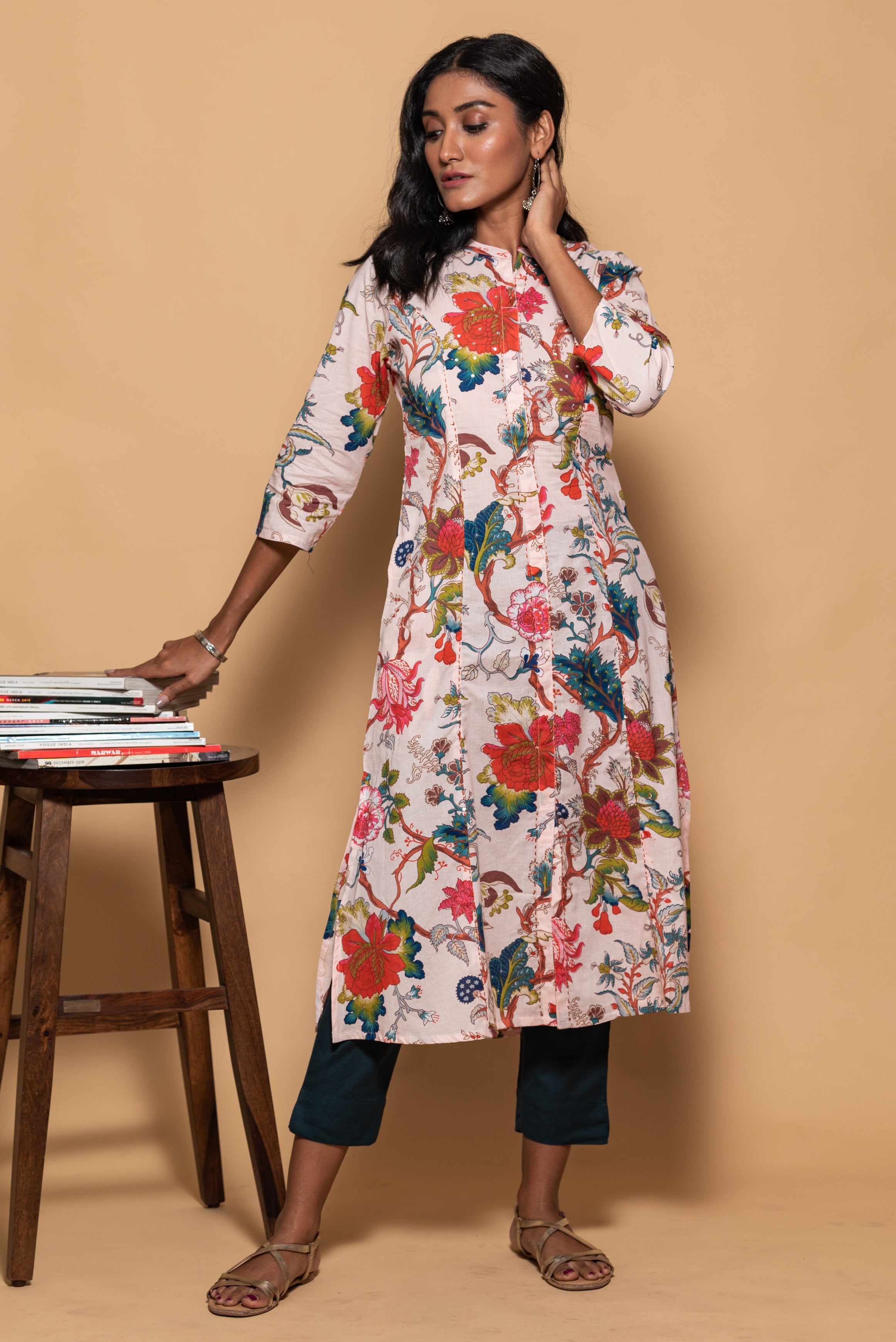 Light Peach Floral Printed Cotton Kurti