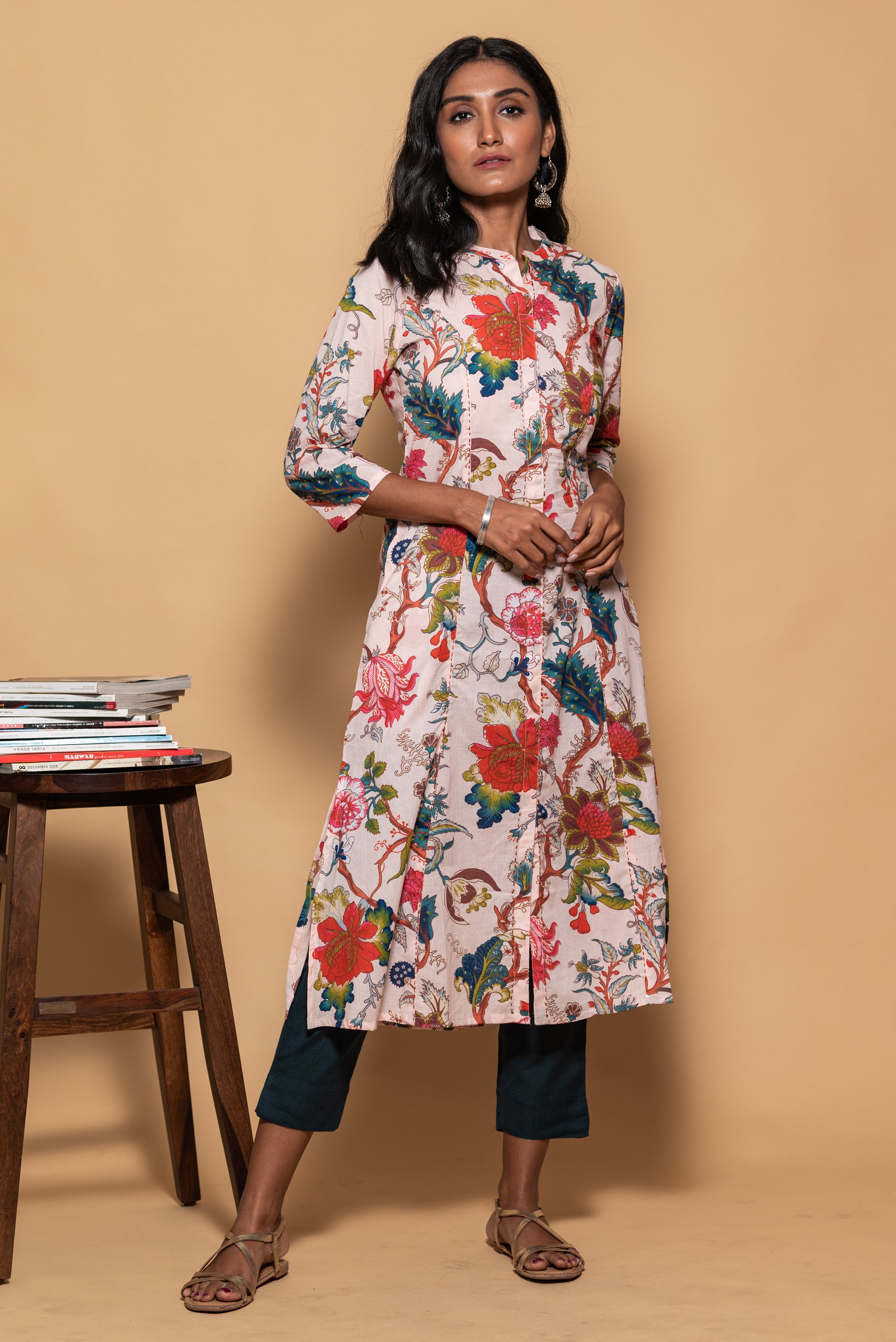 Light Peach Floral Printed Cotton Kurti
