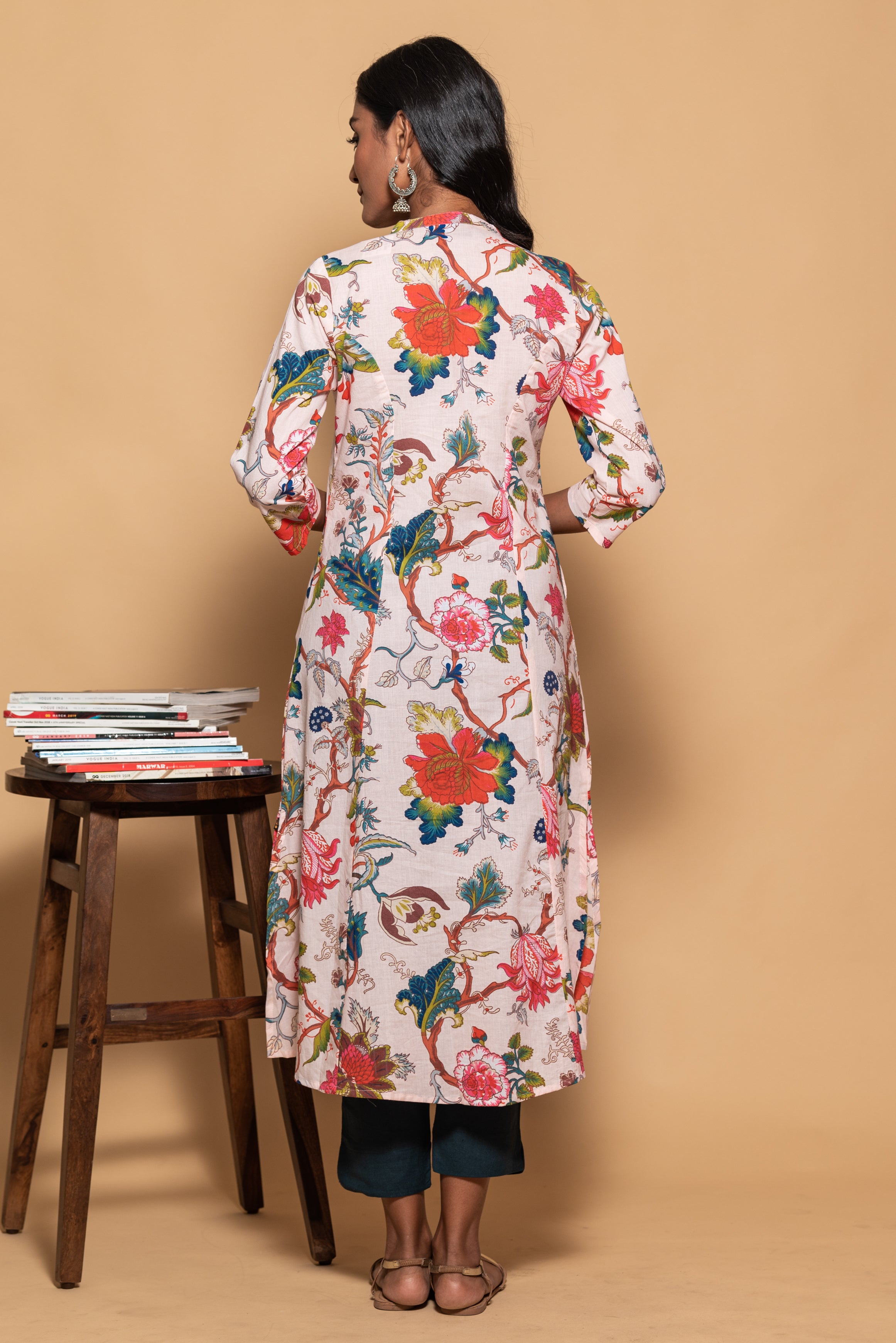 Light Peach Floral Printed Cotton Kurti