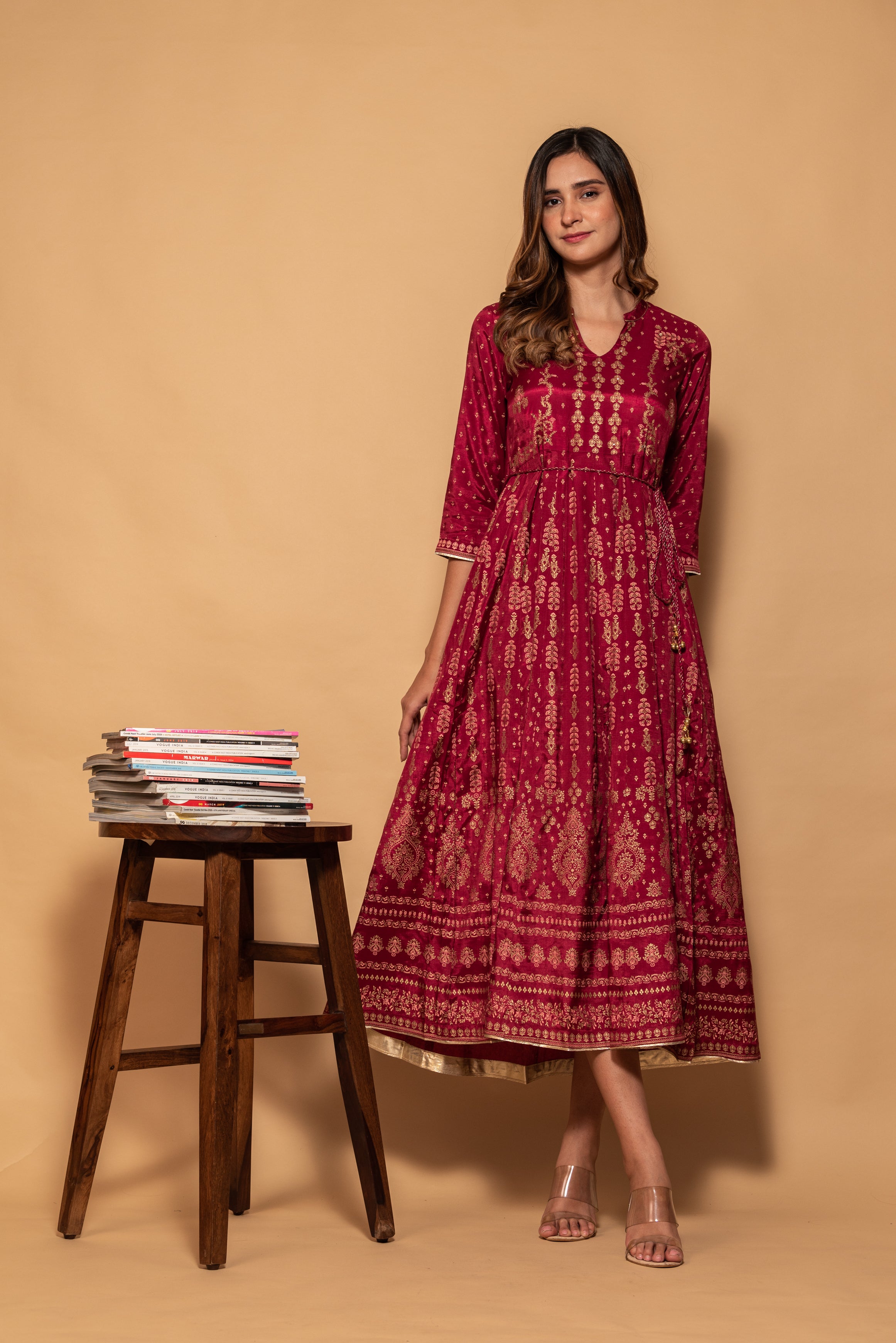 Maroon Floral with Mirror Work Printed Embellished Modal Silk Long Dress