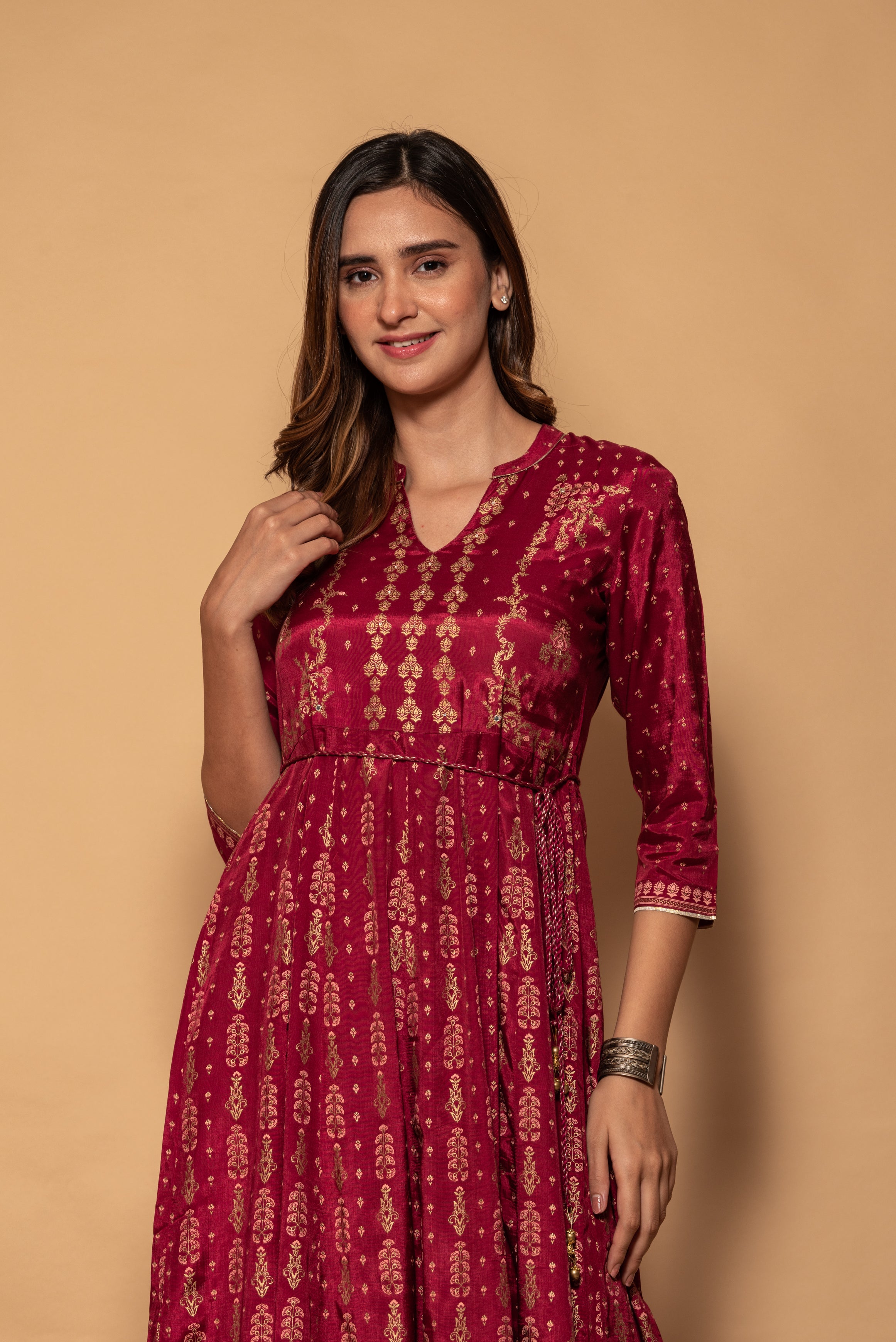 Maroon Floral with Mirror Work Printed Embellished Modal Silk Long Dress