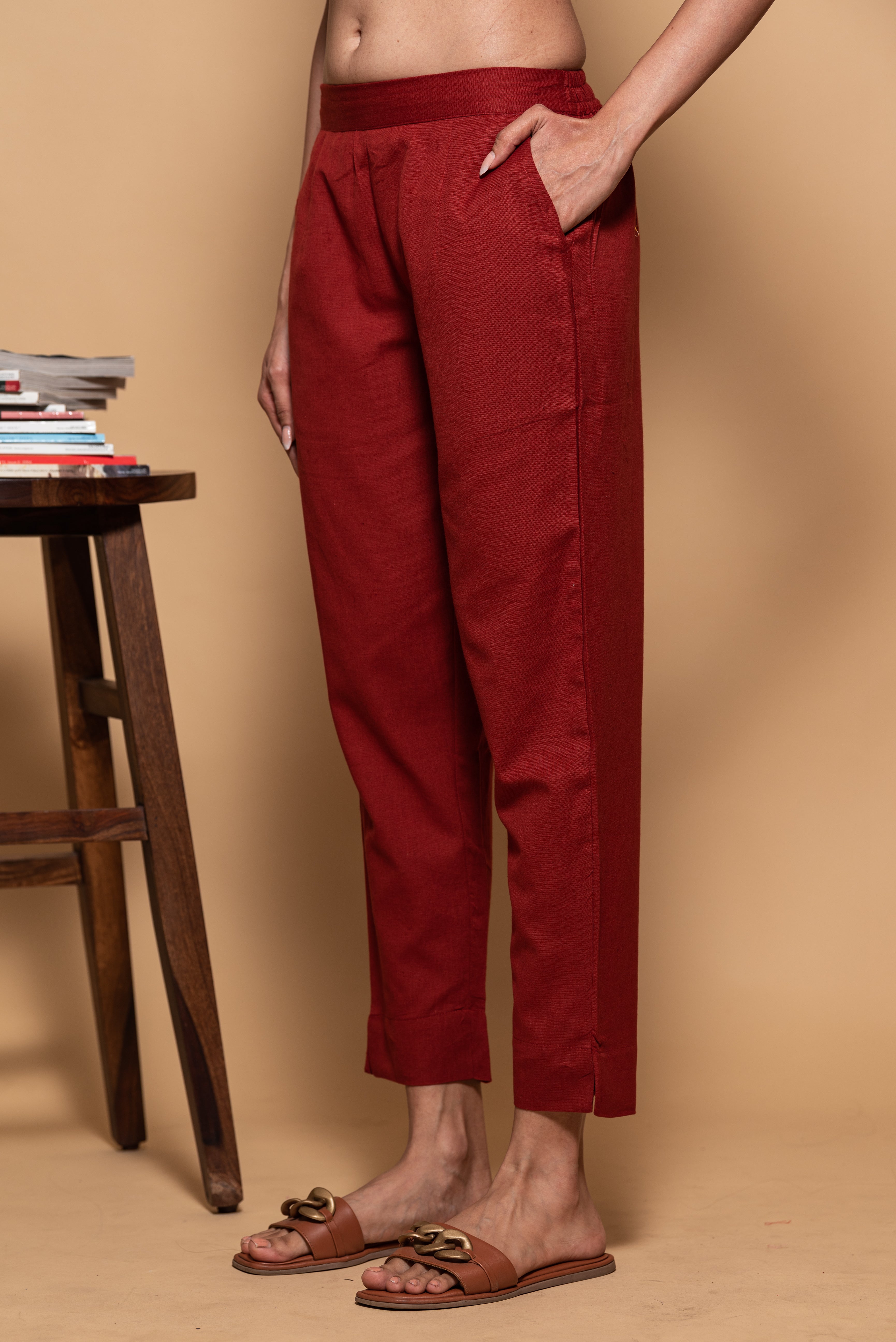 Maroon Cotton Straight Stretchable Pant