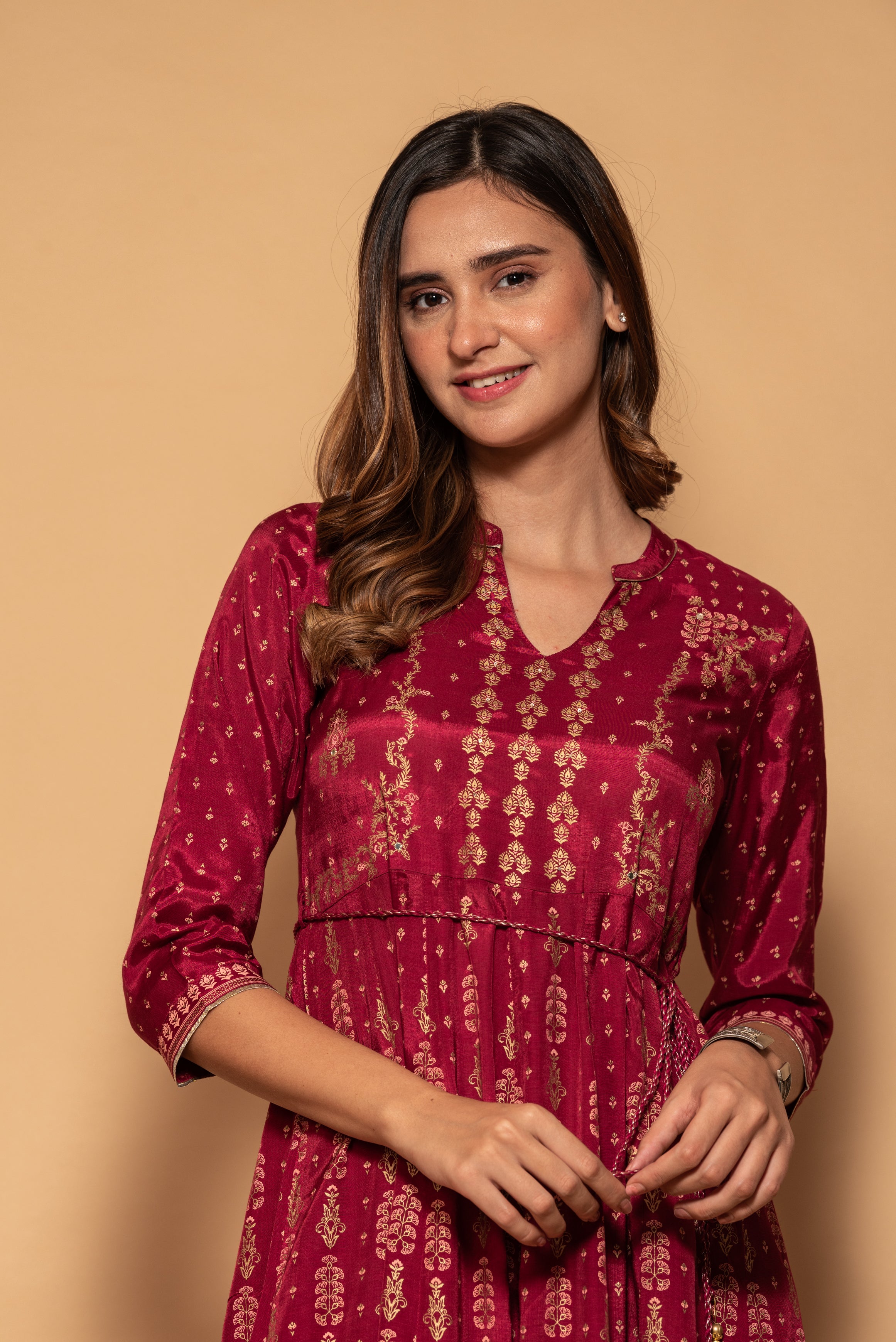 Maroon Floral with Mirror Work Printed Embellished Modal Silk Long Dress