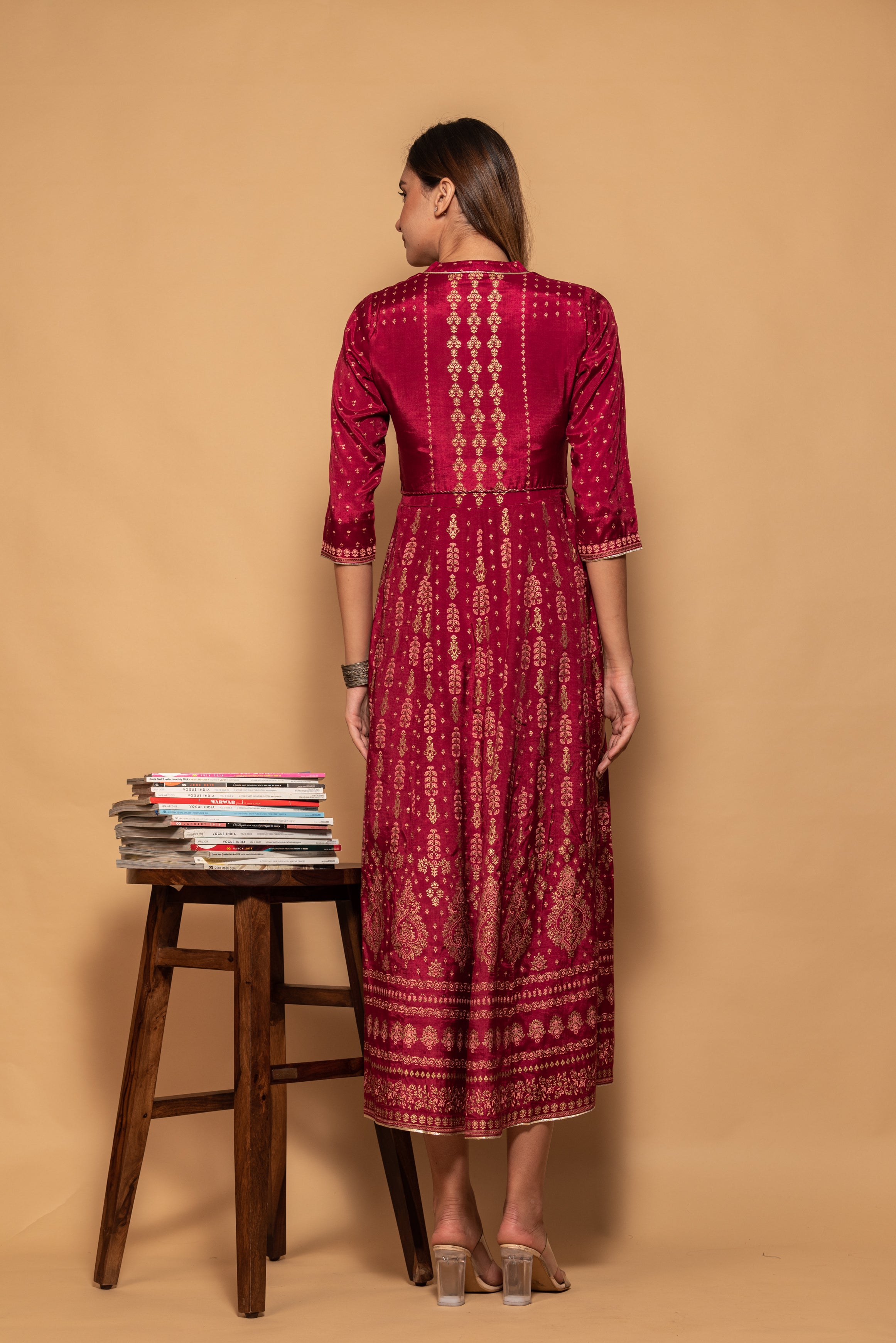 Maroon Floral with Mirror Work Printed Embellished Modal Silk Long Dress