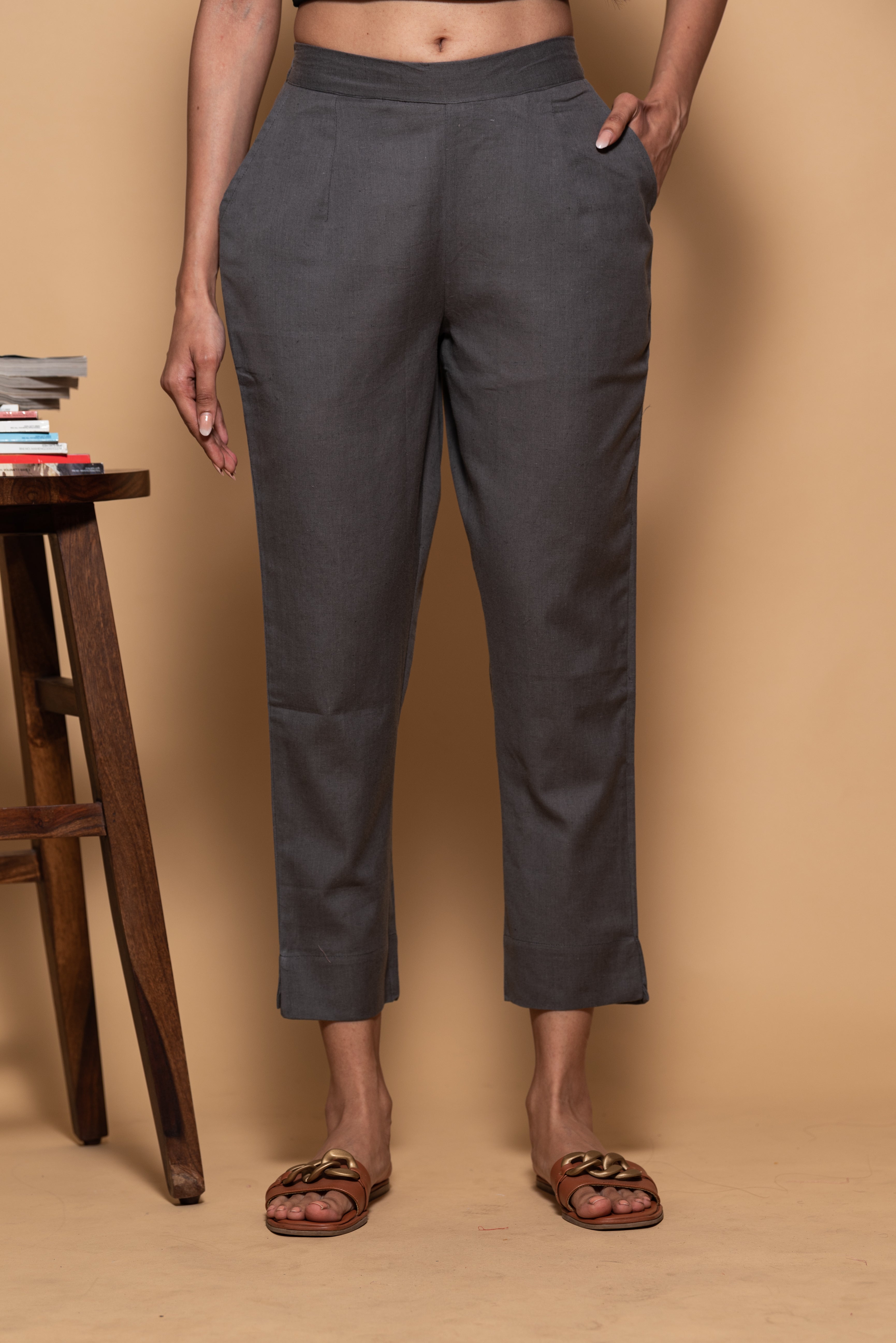 Dark Grey Cotton Straight Stretchable Pant
