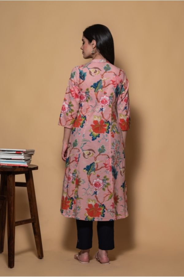 Pink floral printed embroidered cotton kurta