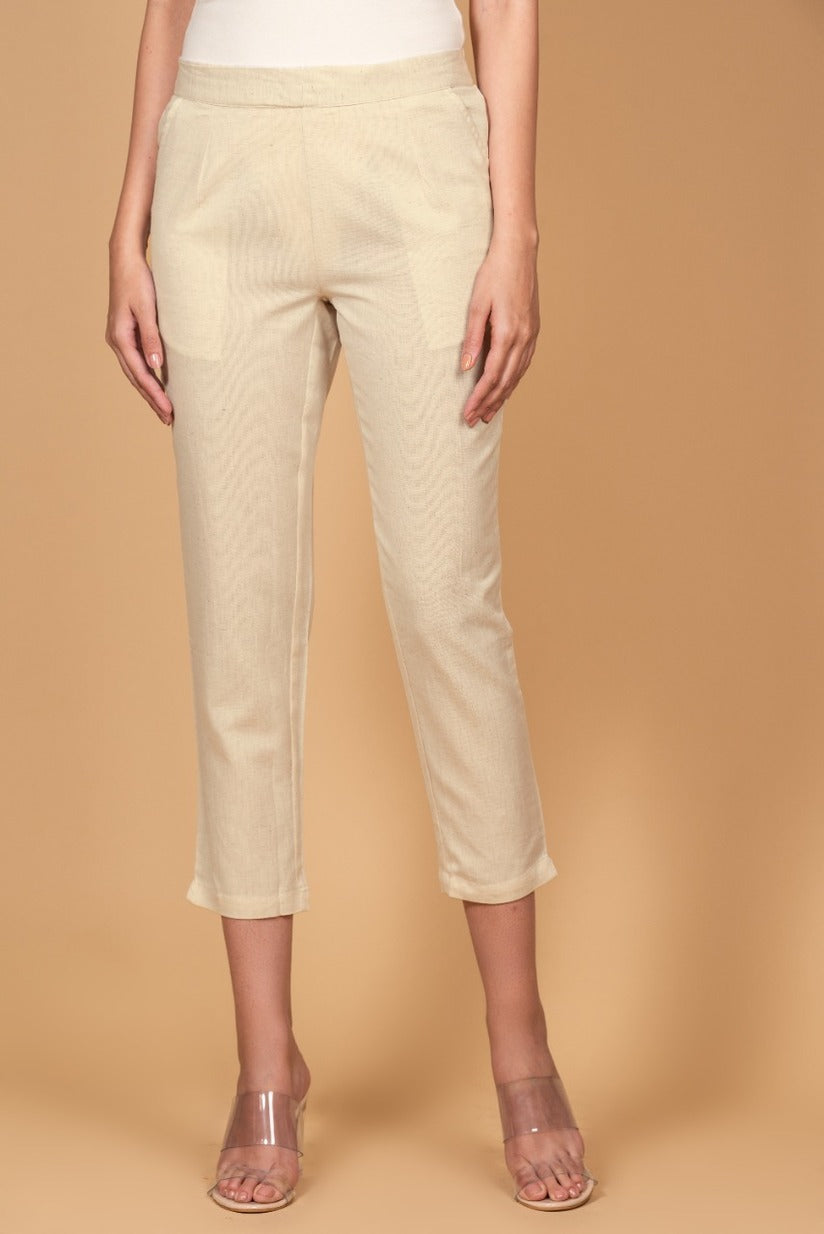Cream Cotton Straight Stretchable Pant