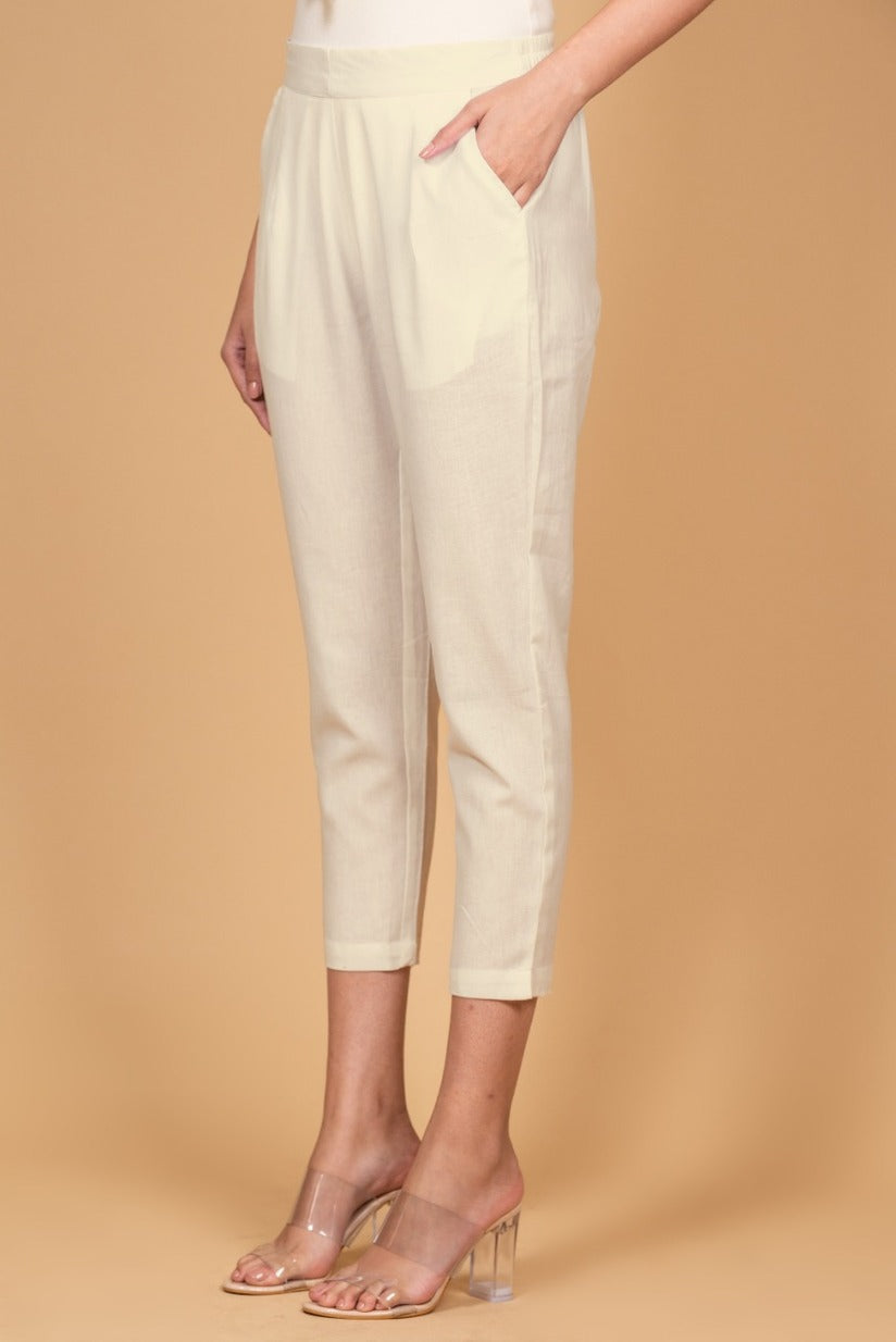 Cream Cotton Straight Stretchable Pant