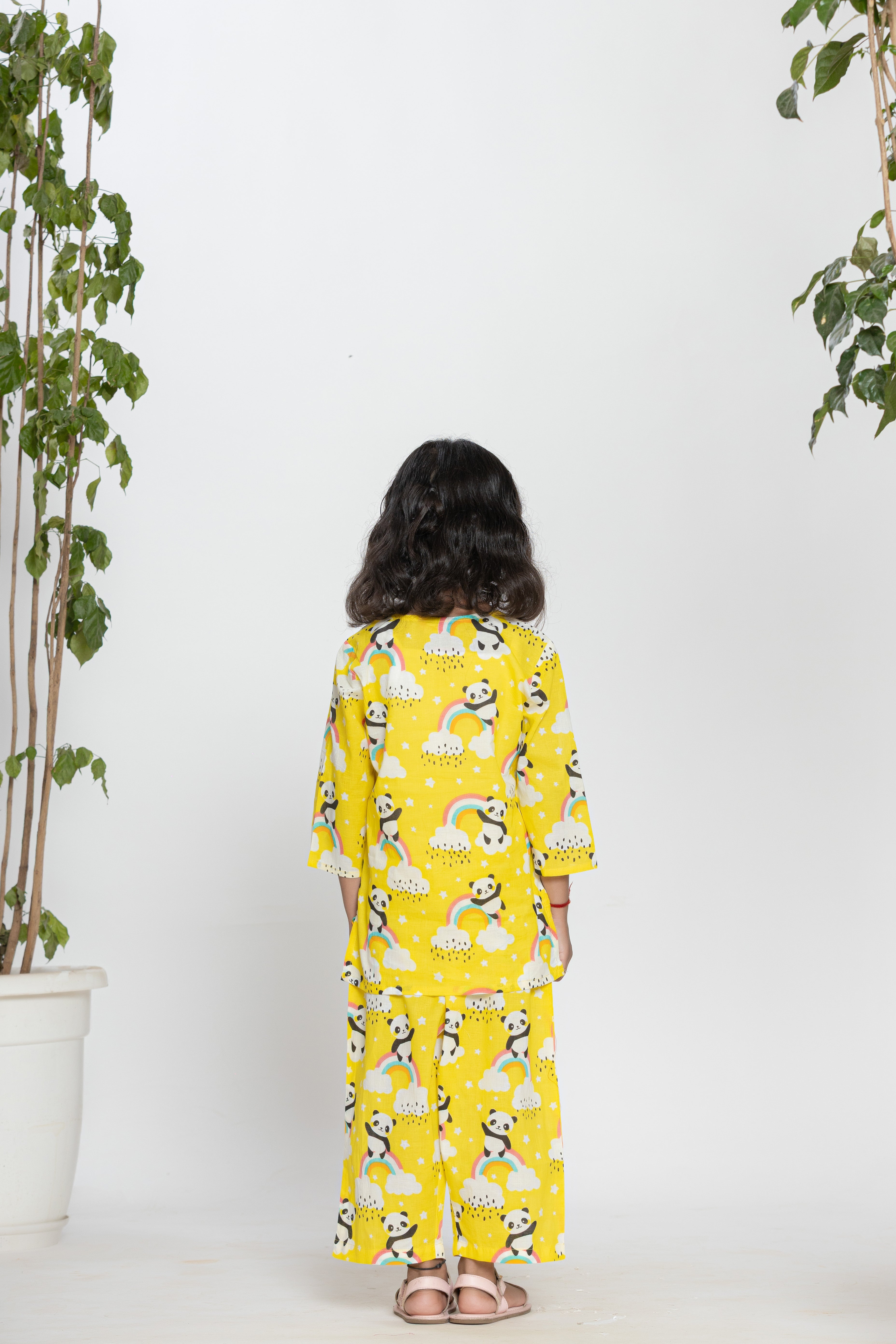 Yellow Shirt With Panda And Rainbow Pattern Kids Night Dress