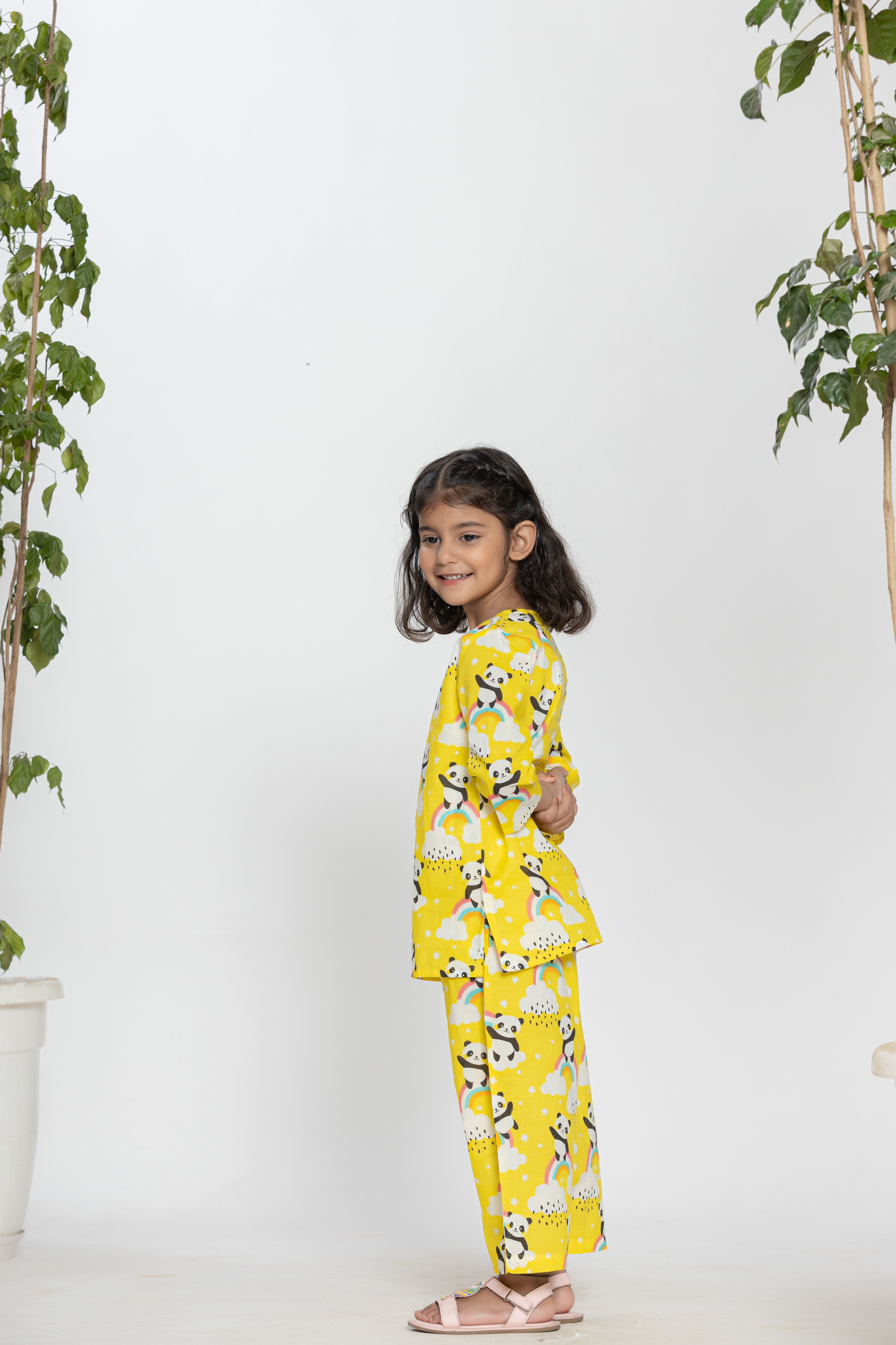 Yellow Shirt With Panda And Rainbow Pattern Kids Night Dress