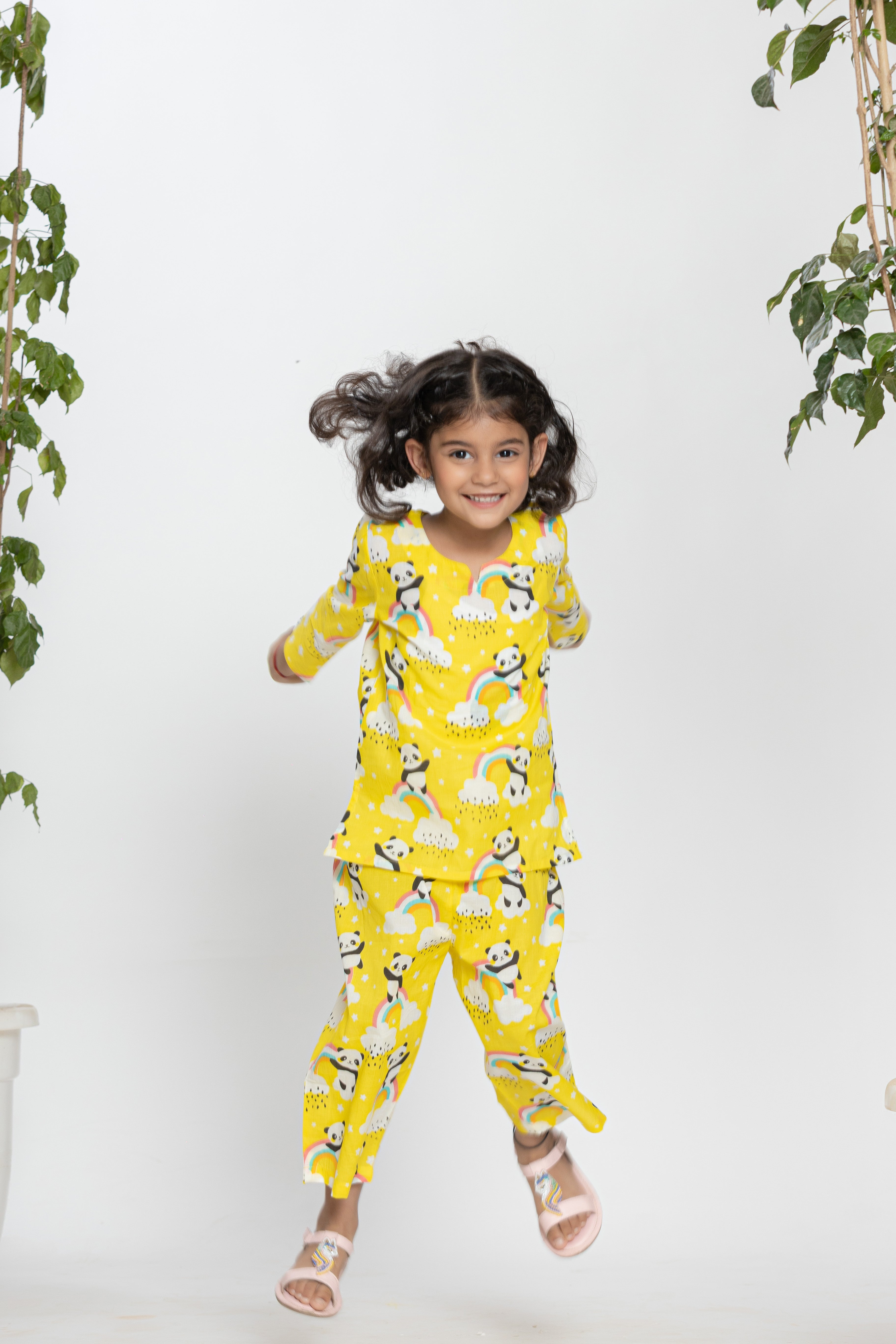 Yellow Shirt With Panda And Rainbow Pattern Kids Night Dress