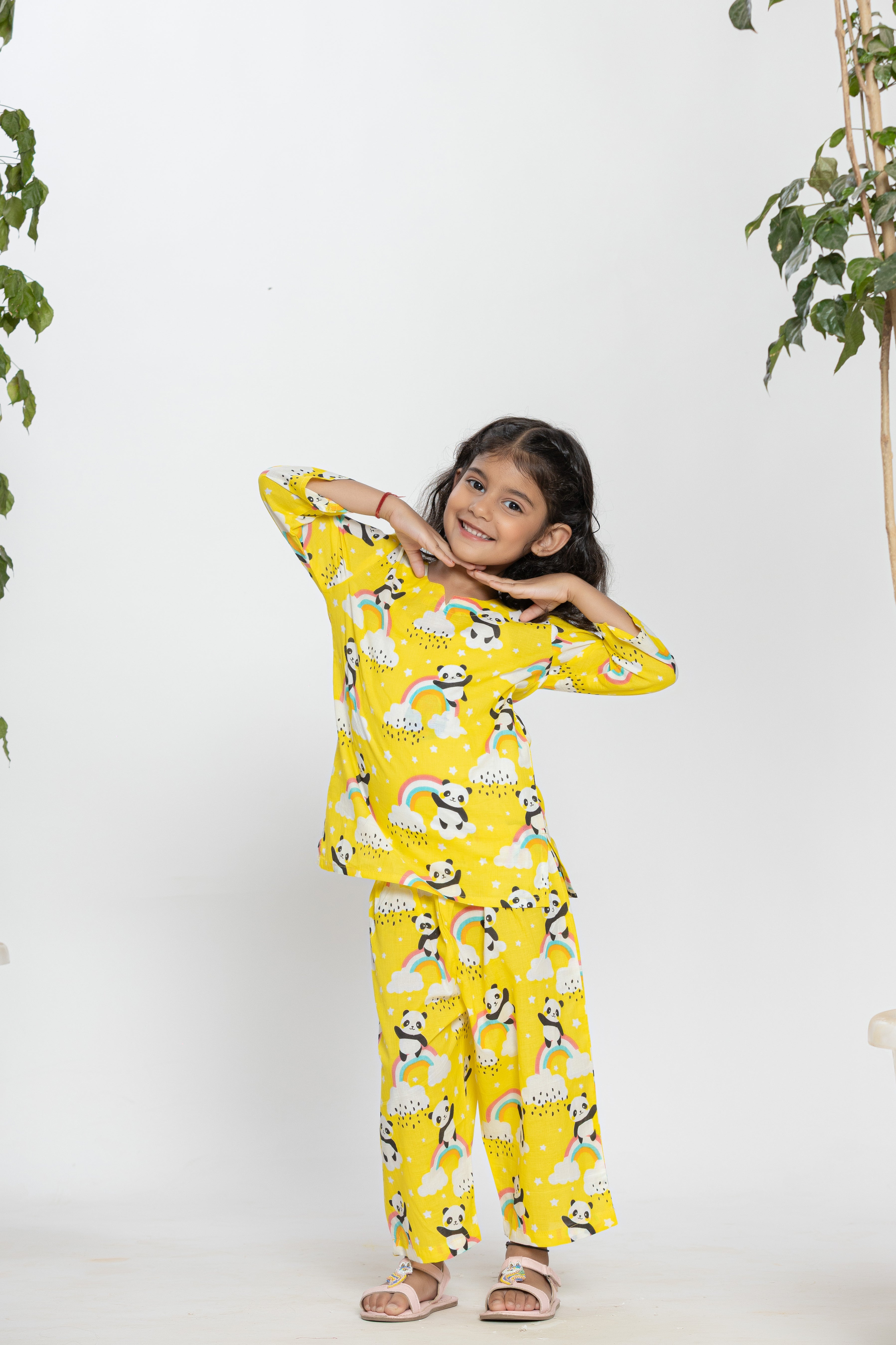 Yellow Shirt With Panda And Rainbow Pattern Kids Night Dress