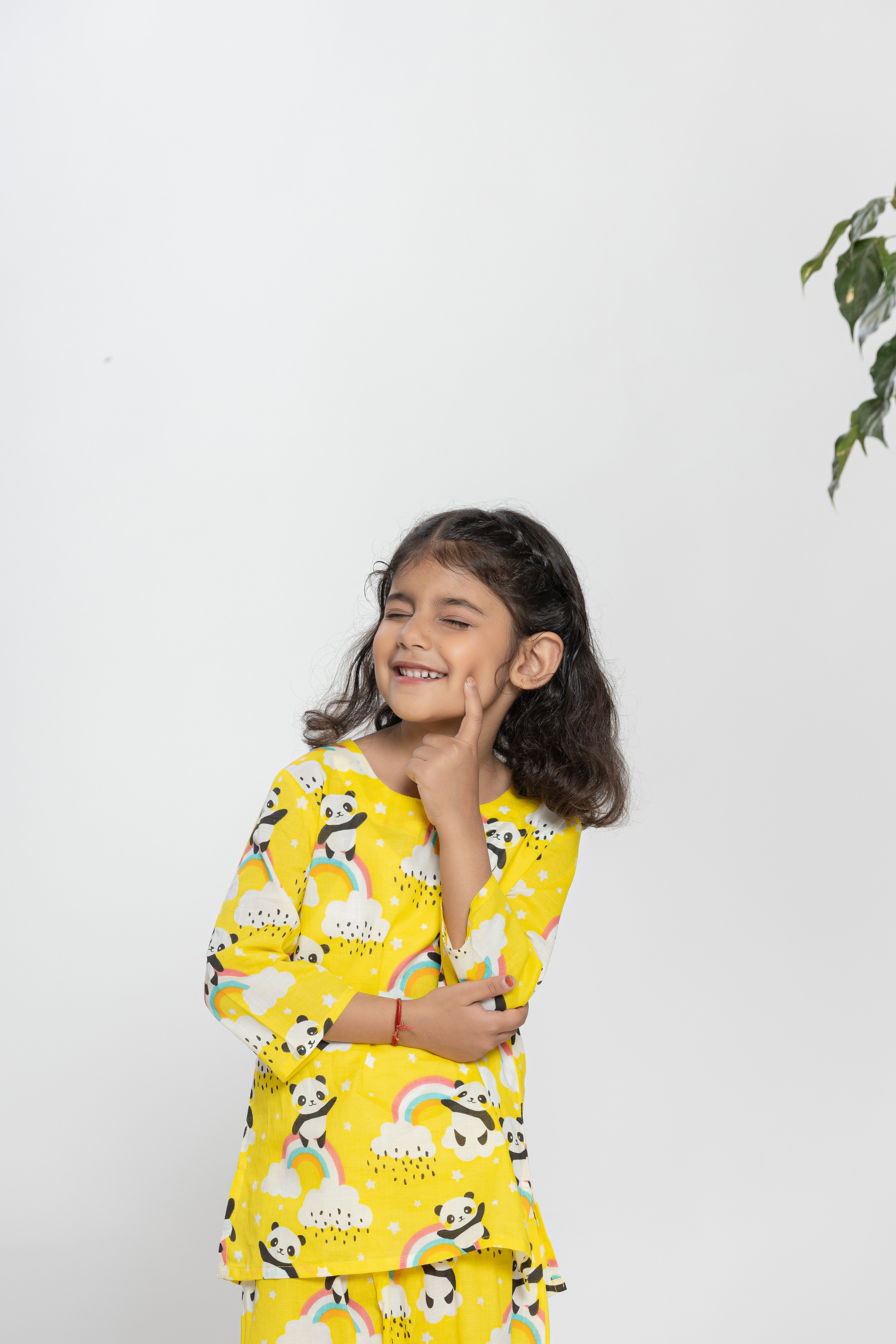 Yellow Shirt With Panda And Rainbow Pattern Kids Night Dress