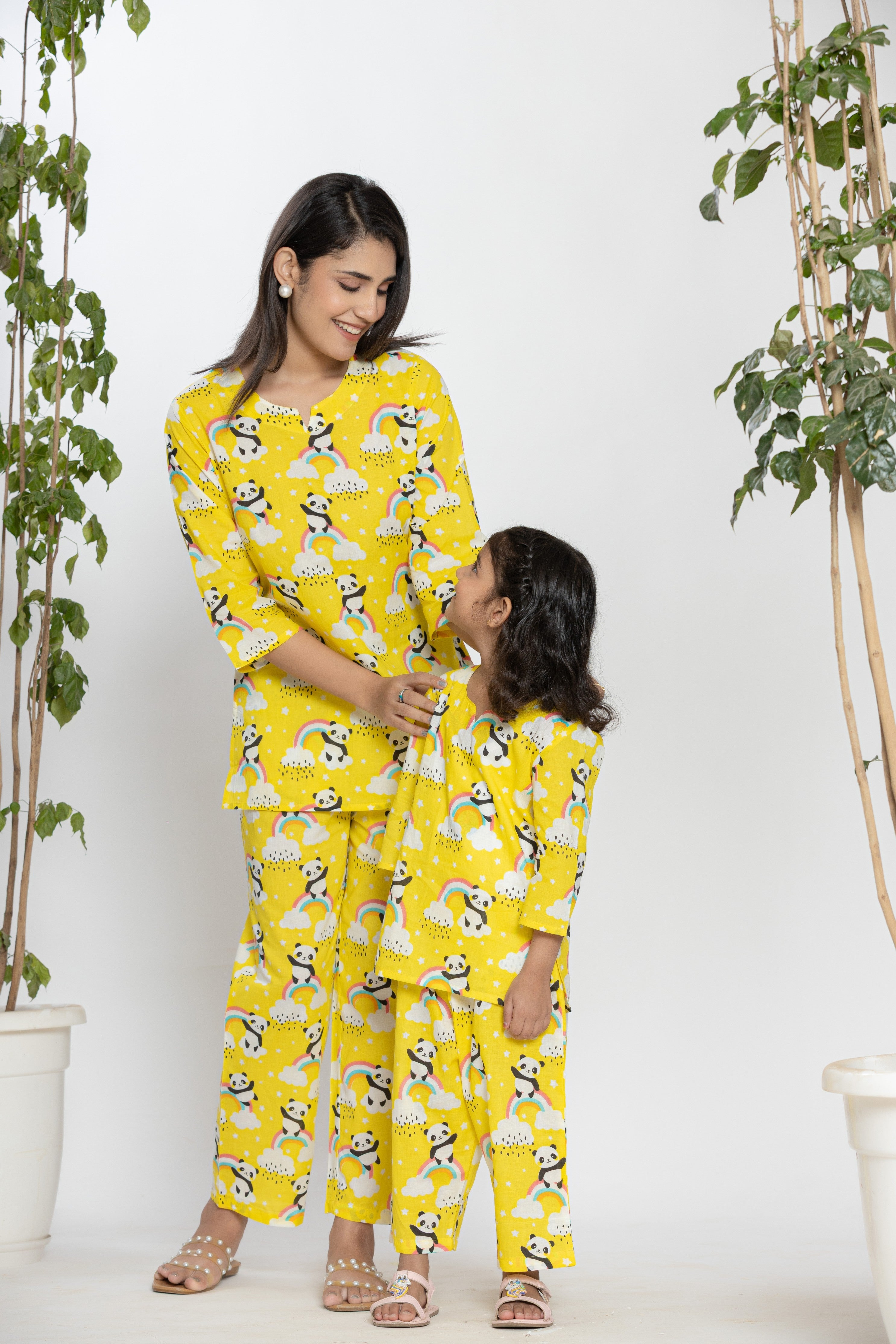 Yellow Shirt With Panda And Rainbow Pattern Night Dress