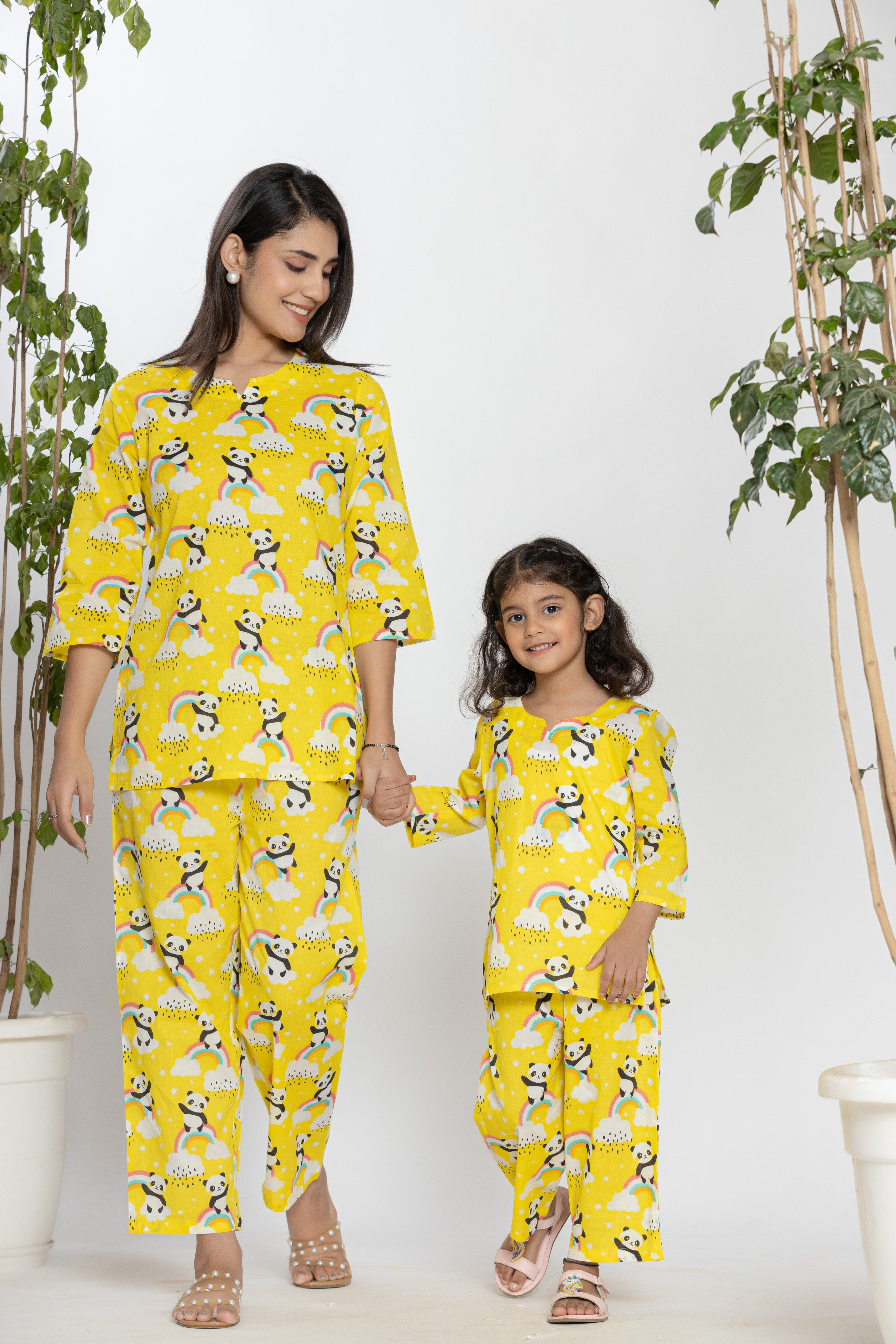 Yellow Shirt With Panda And Rainbow Pattern Night Dress