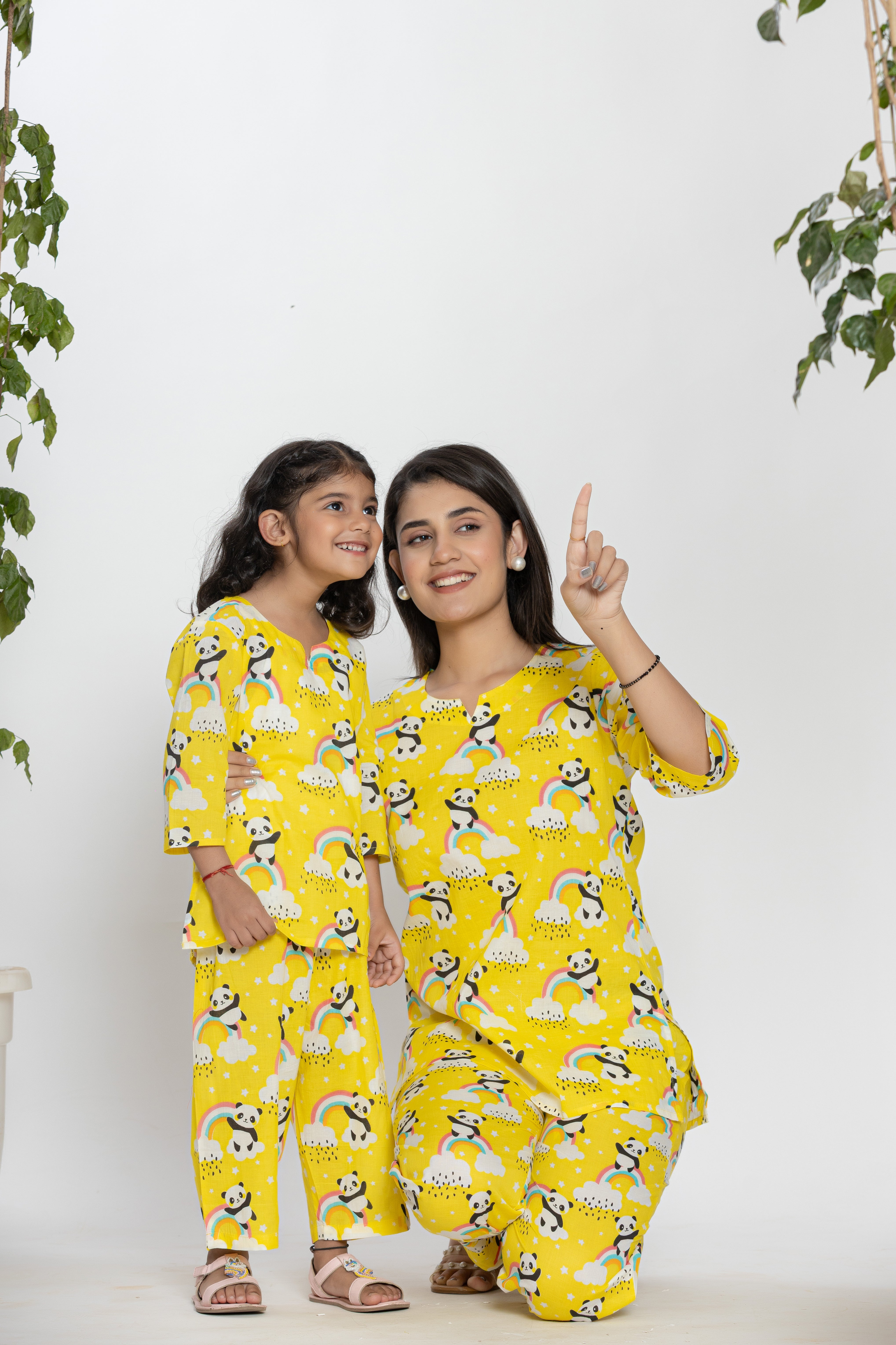 Yellow Shirt With Panda And Rainbow Pattern Night Dress