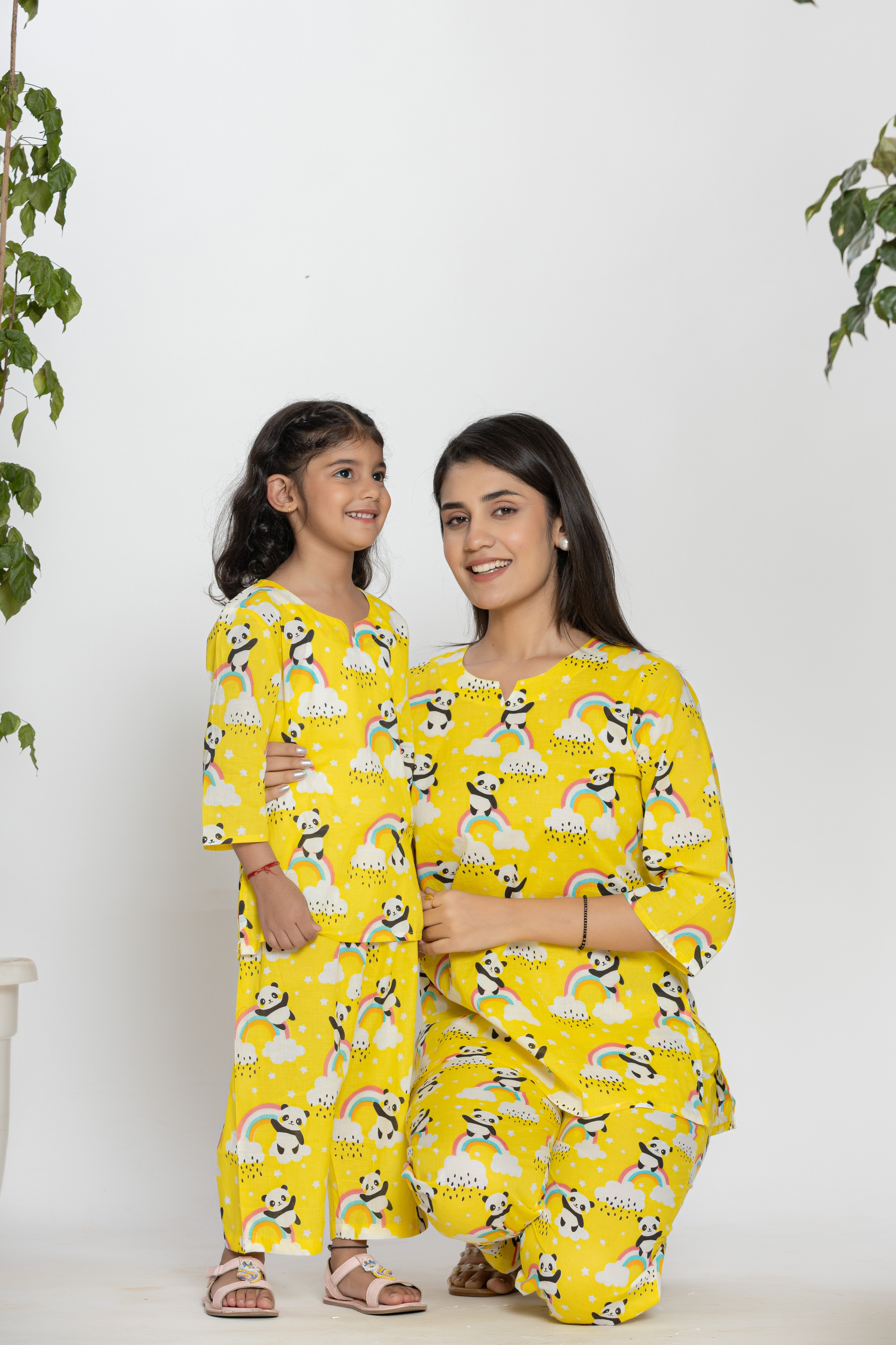 Yellow Shirt With Panda And Rainbow Pattern Night Dress