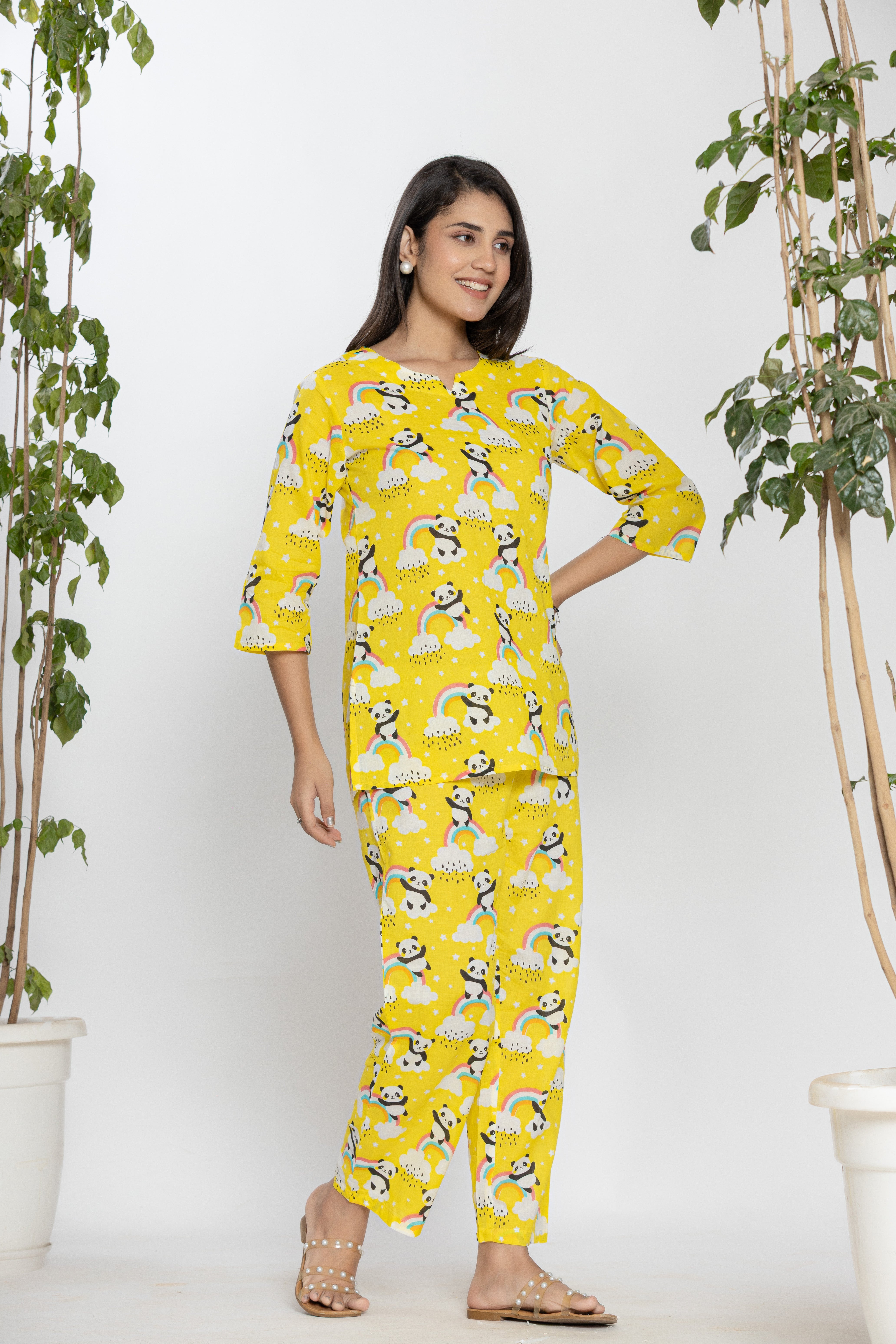 Yellow Shirt With Panda And Rainbow Pattern Night Dress