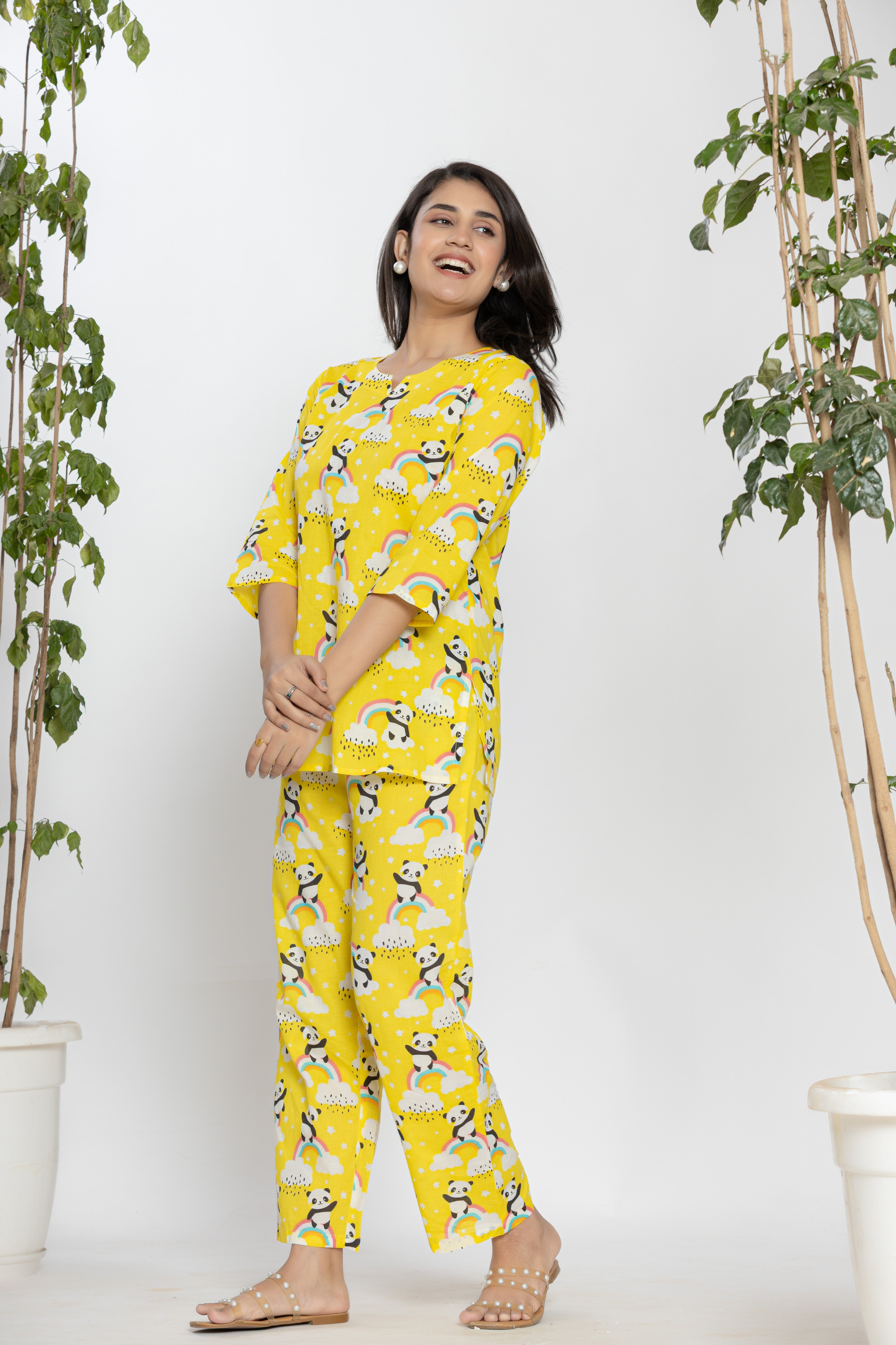 Yellow Shirt With Panda And Rainbow Pattern Night Dress