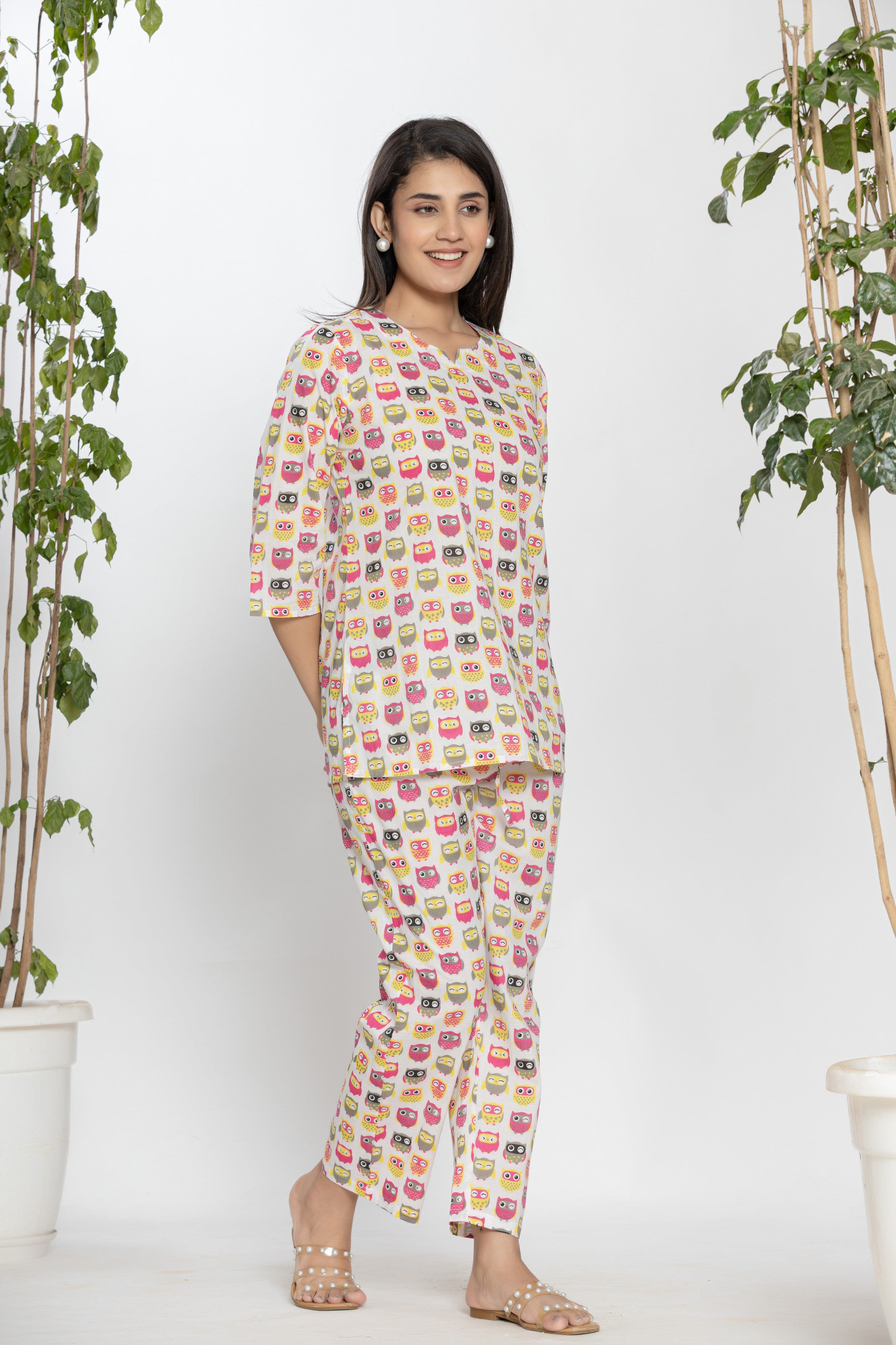 Owl Printed Cotton Ladies Night Dress