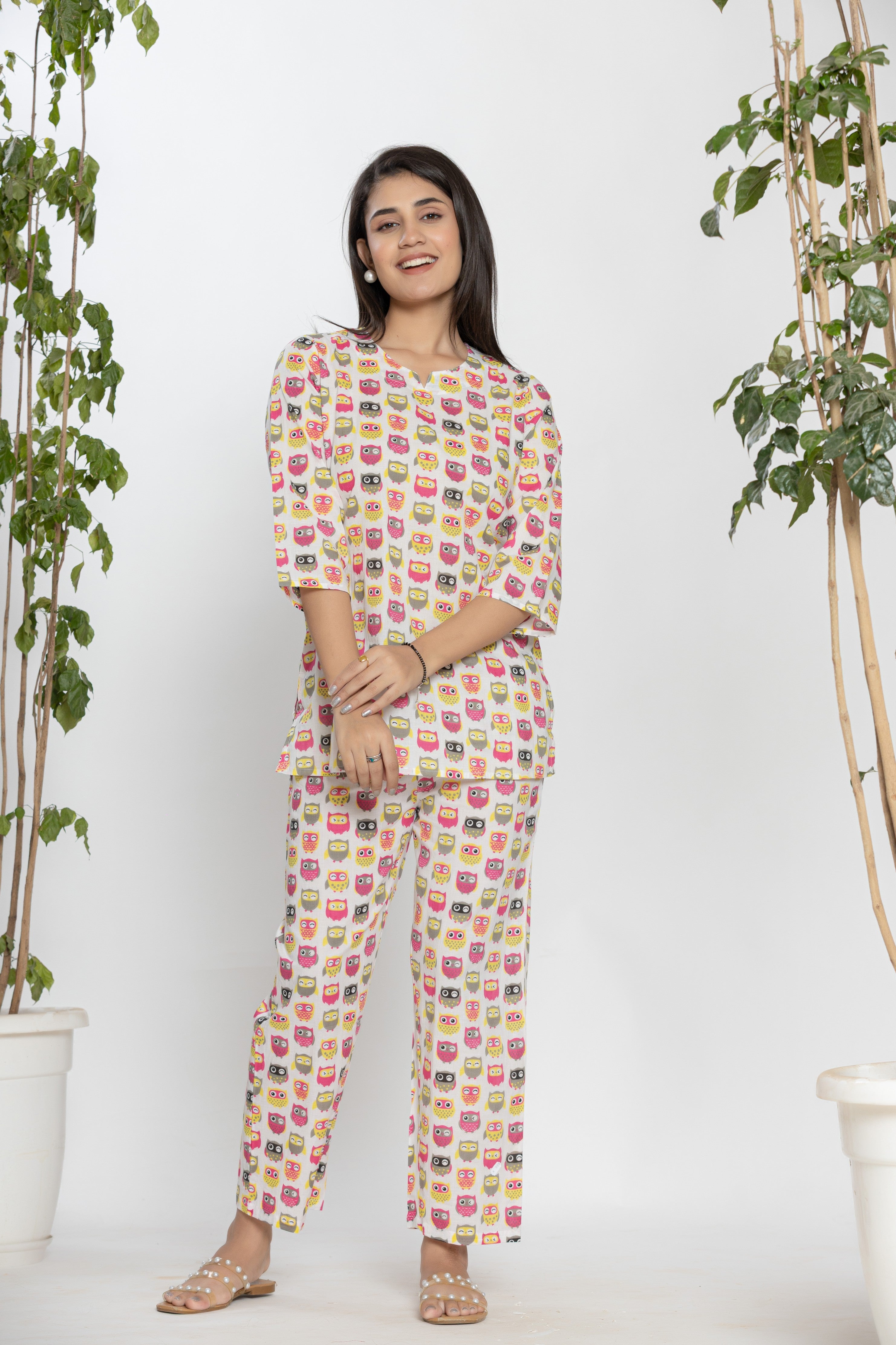 Owl Printed Cotton Ladies Night Dress