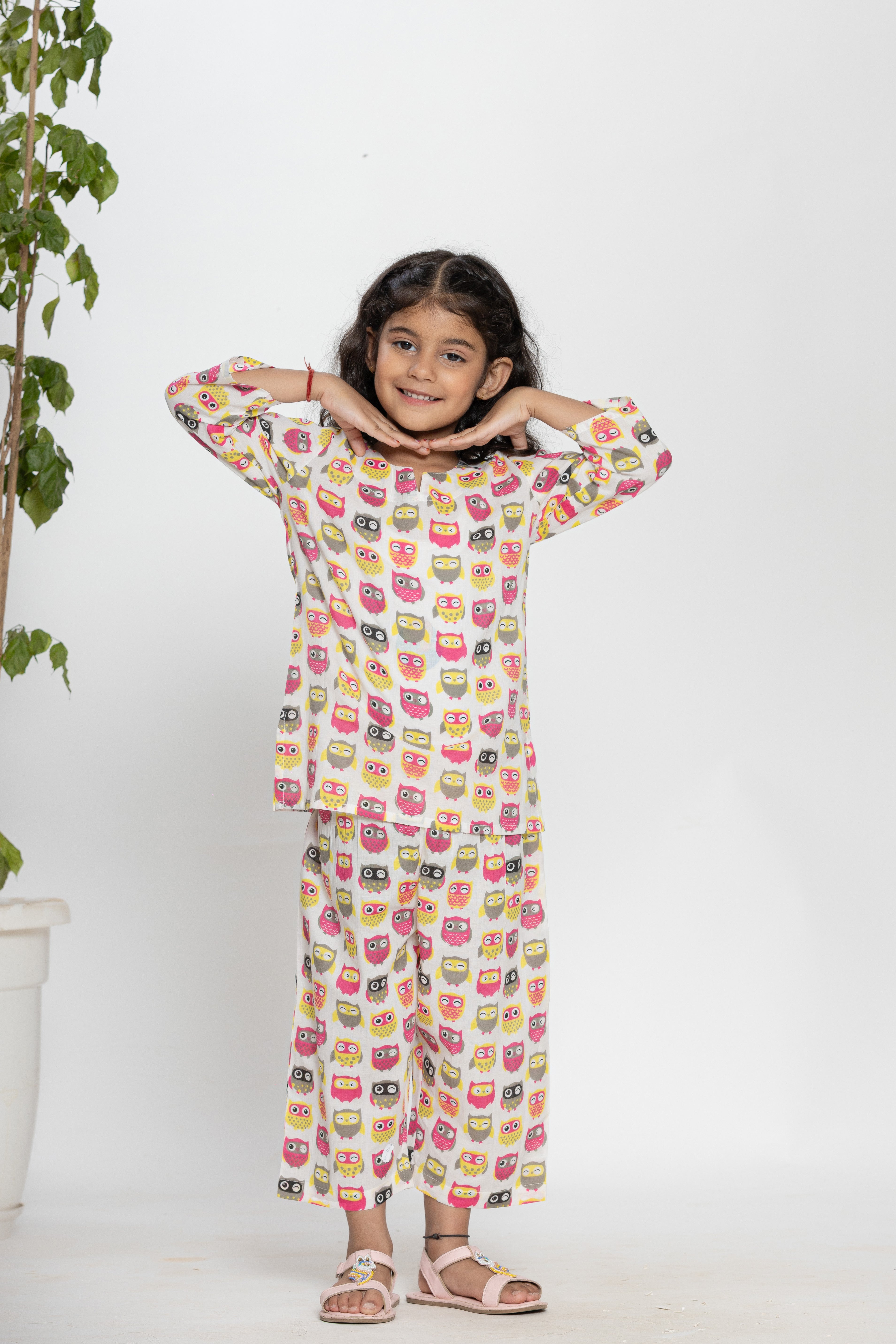 Owl Printed Cotton Kids Night Dress