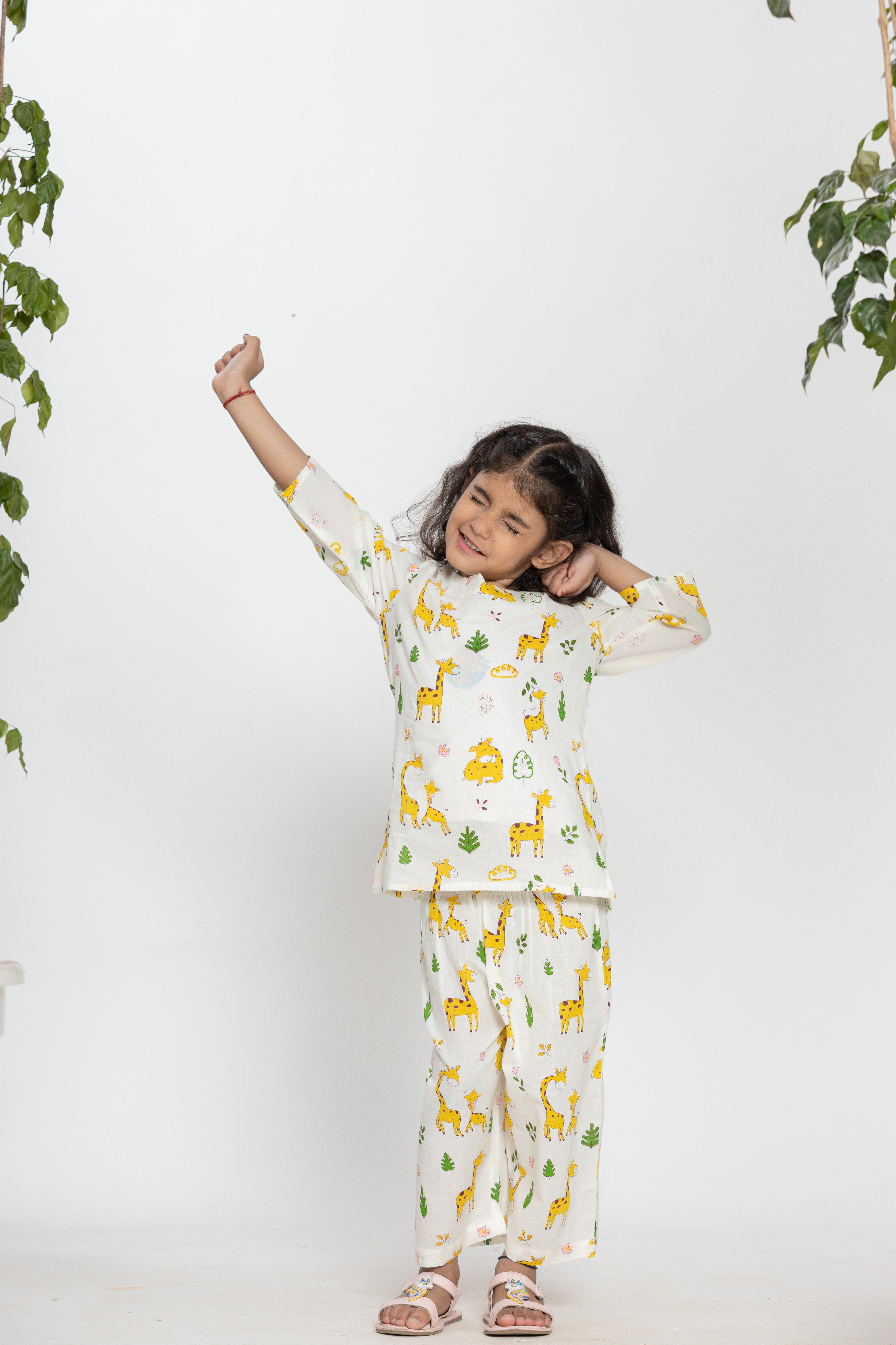 Giraffe Printed White Kids Night Dress