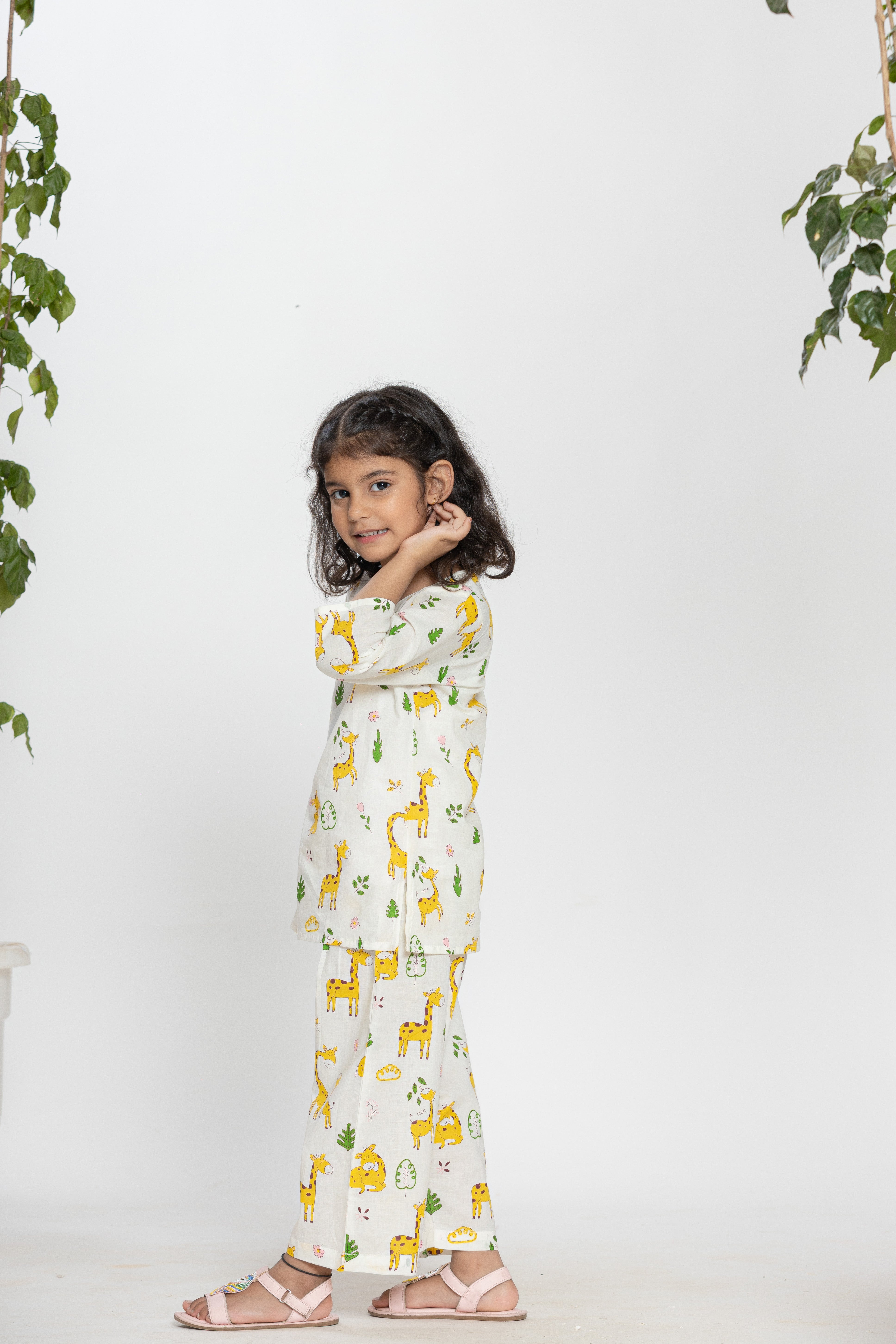 Giraffe Printed White Kids Night Dress