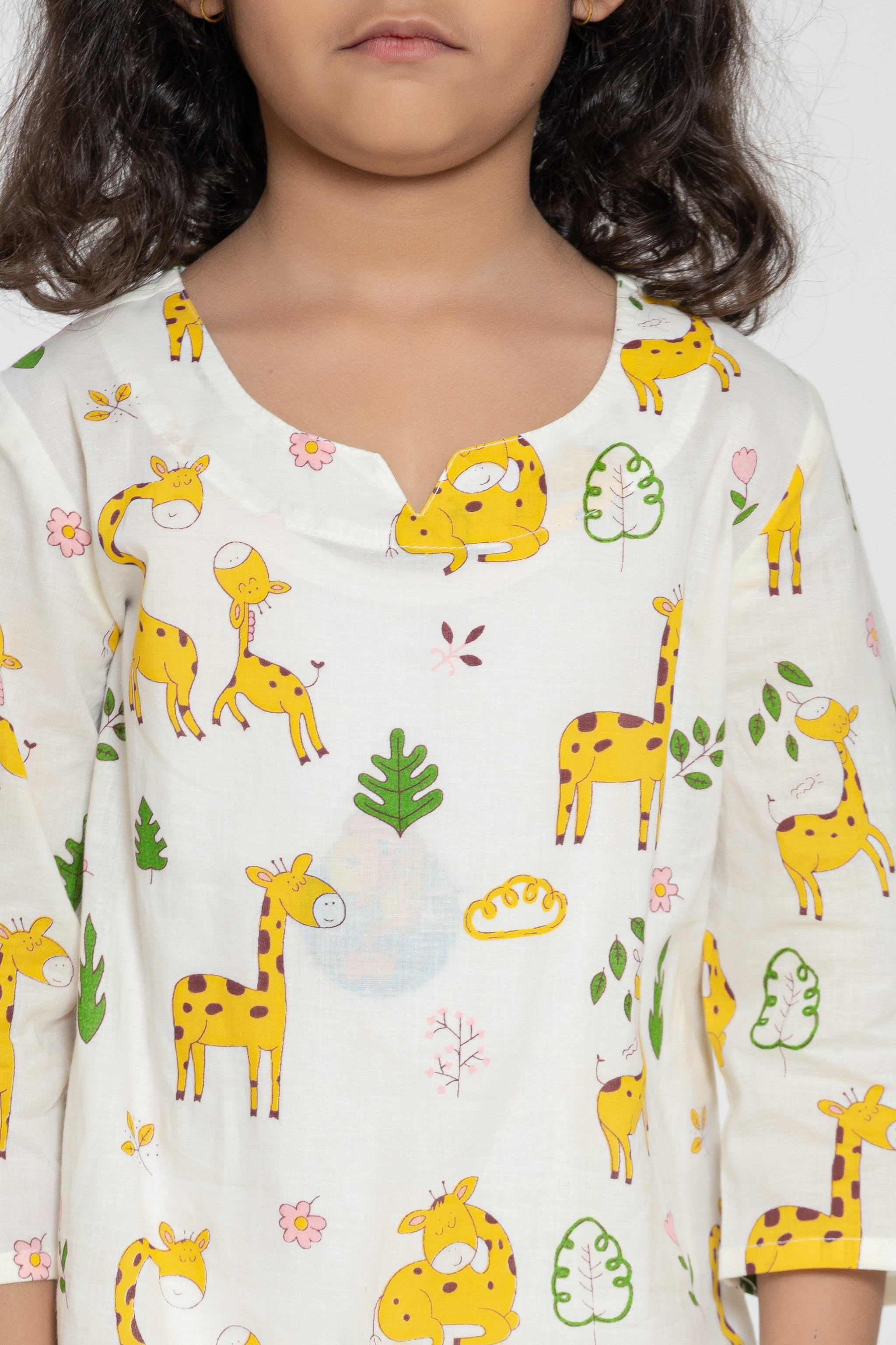 Giraffe Printed White Kids Night Dress