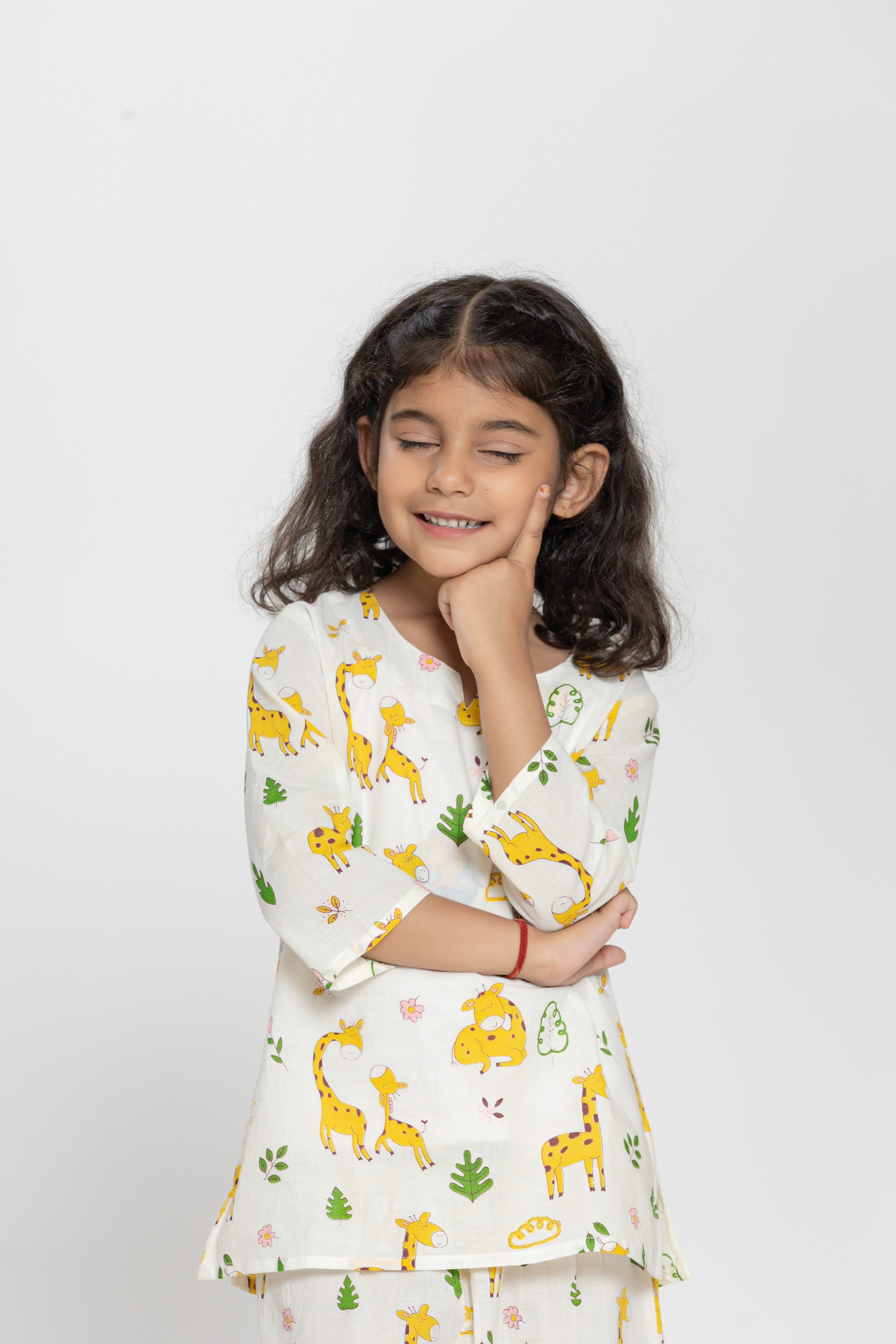 Giraffe Printed White Kids Night Dress