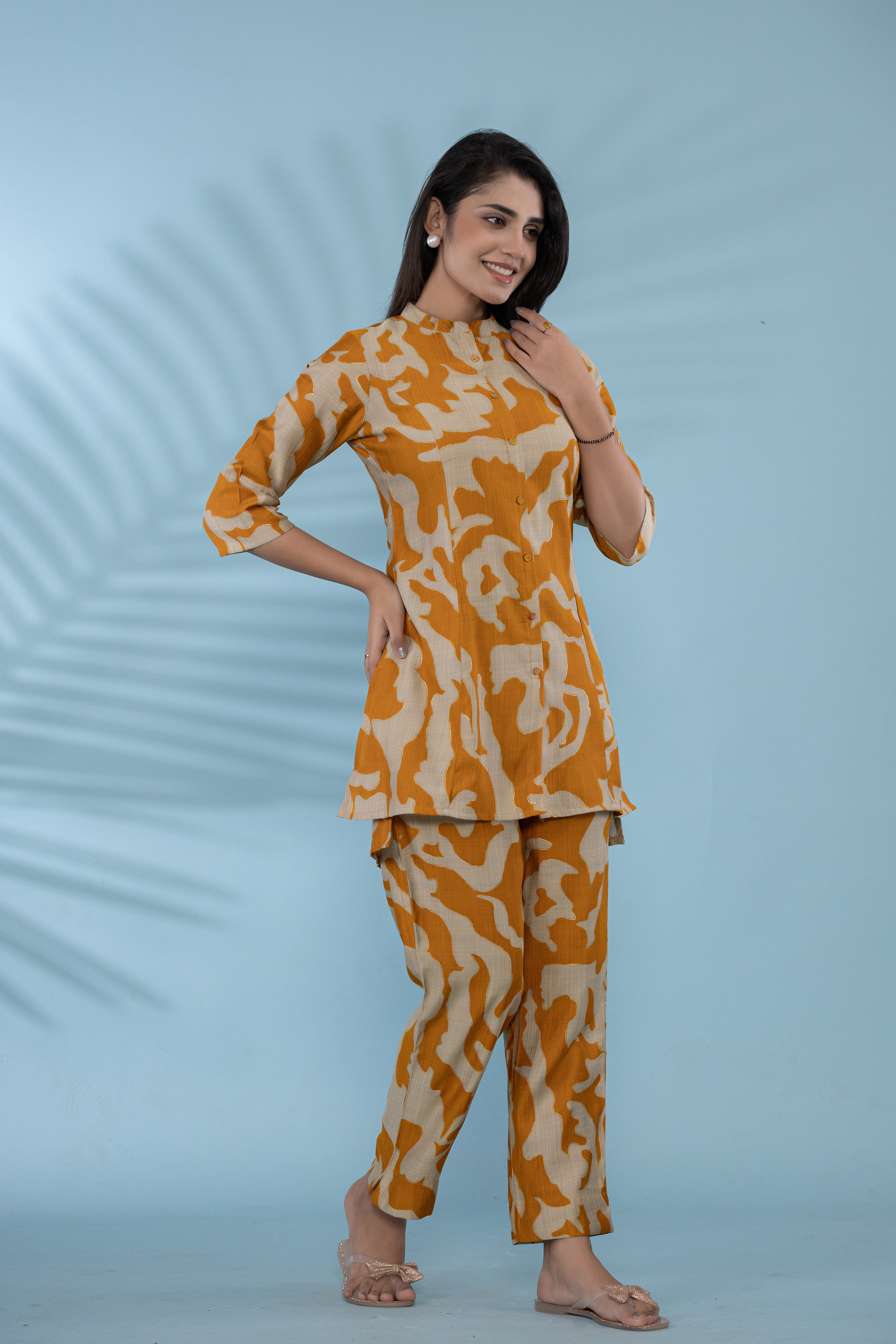 Women Button-Up Co-Ord Set With Yellow And White Abstract Floral Print