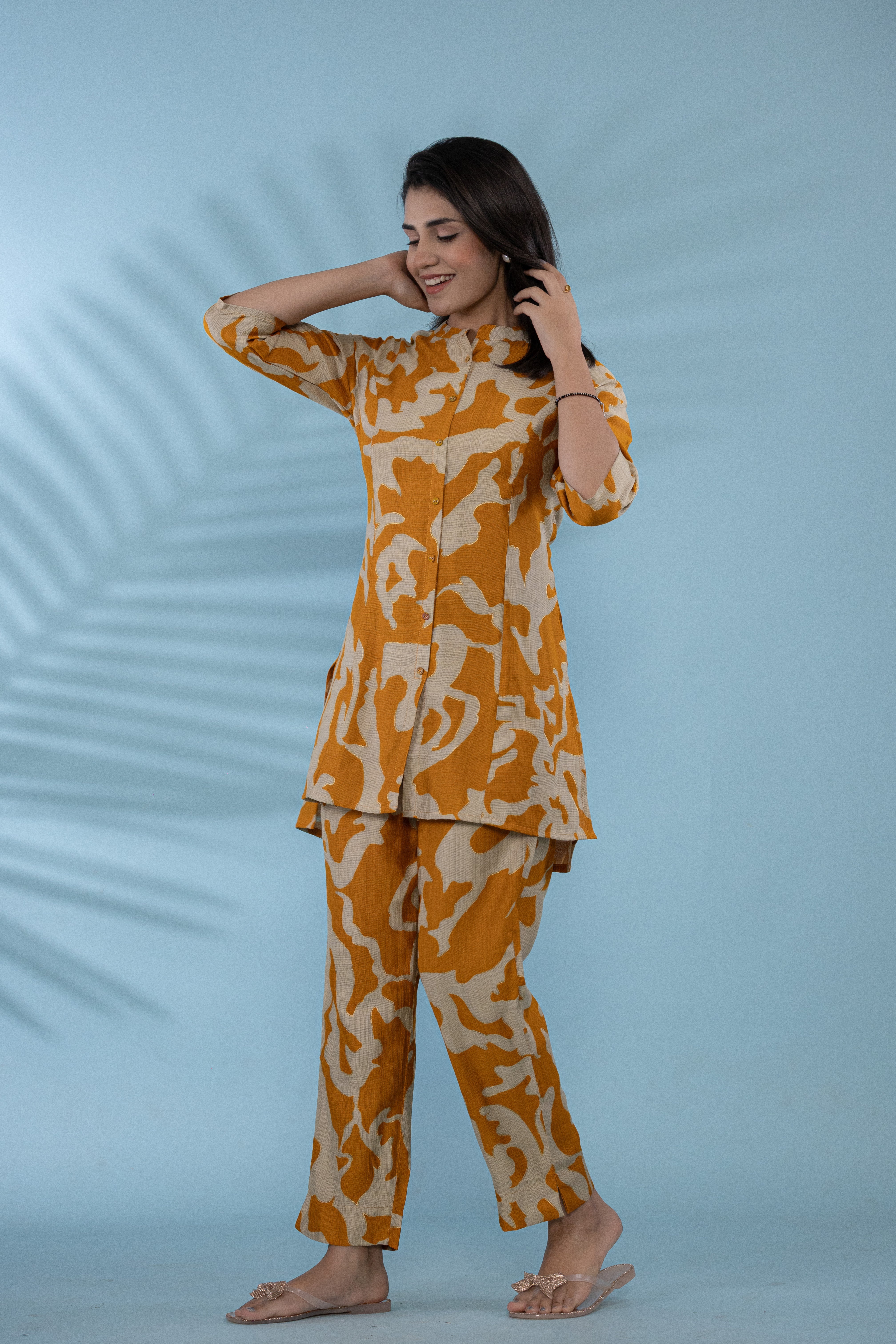 Women Button-Up Co-Ord Set With Yellow And White Abstract Floral Print