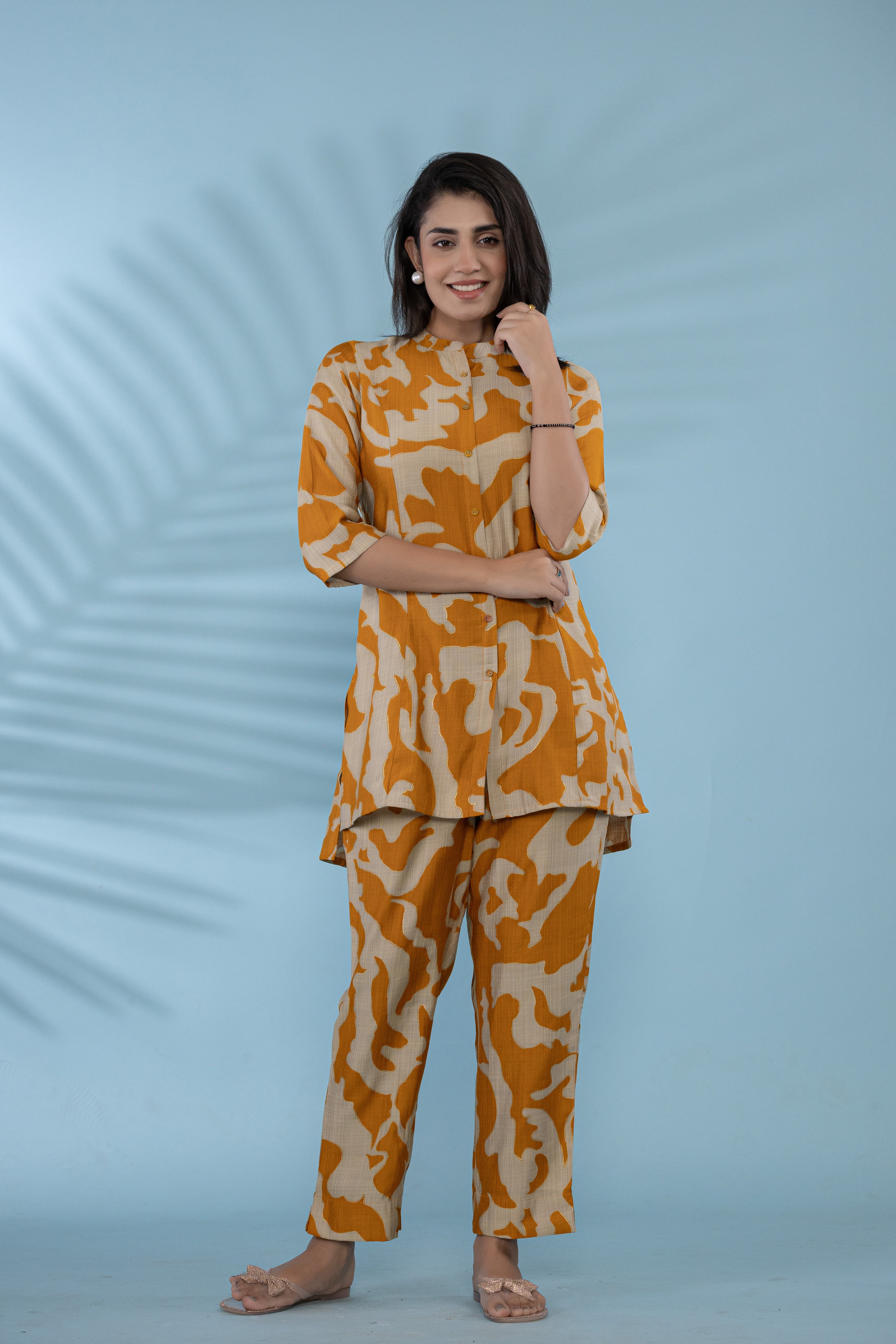 Women Button-Up Co-Ord Set With Yellow And White Abstract Floral Print