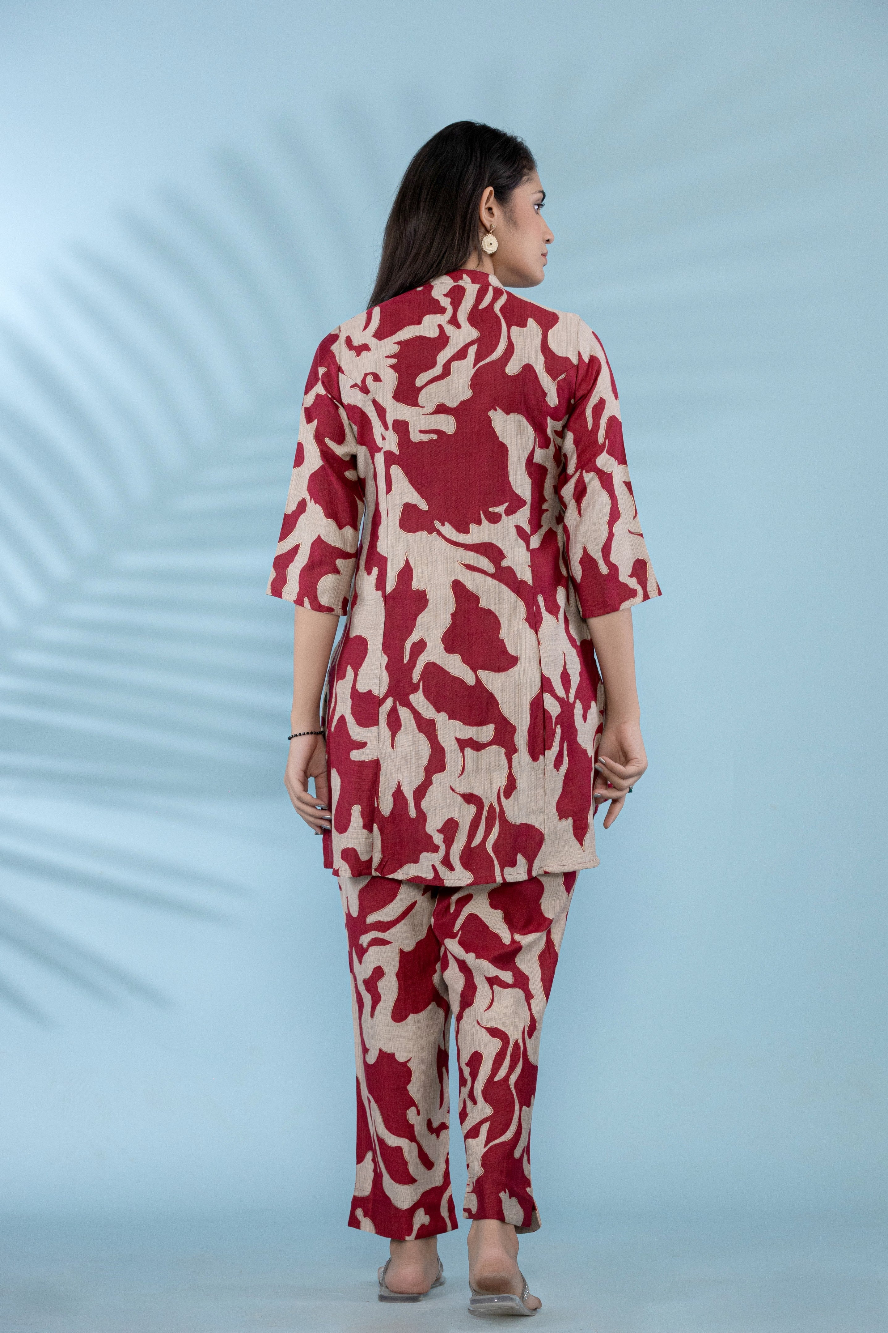 Women Button-Up Co-Ord Set With Red And White Abstract Floral Print