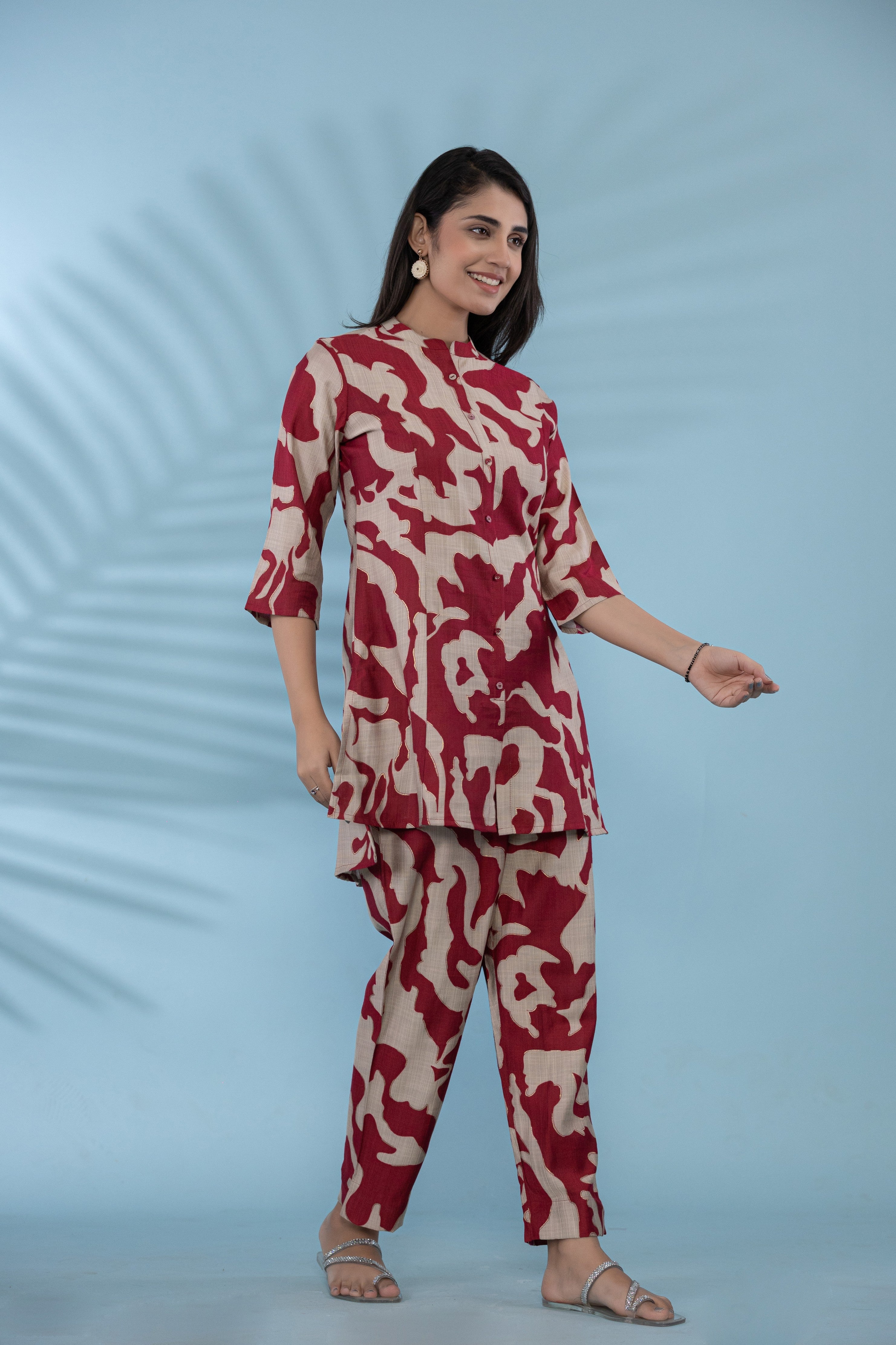 Women Button-Up Co-Ord Set With Red And White Abstract Floral Print