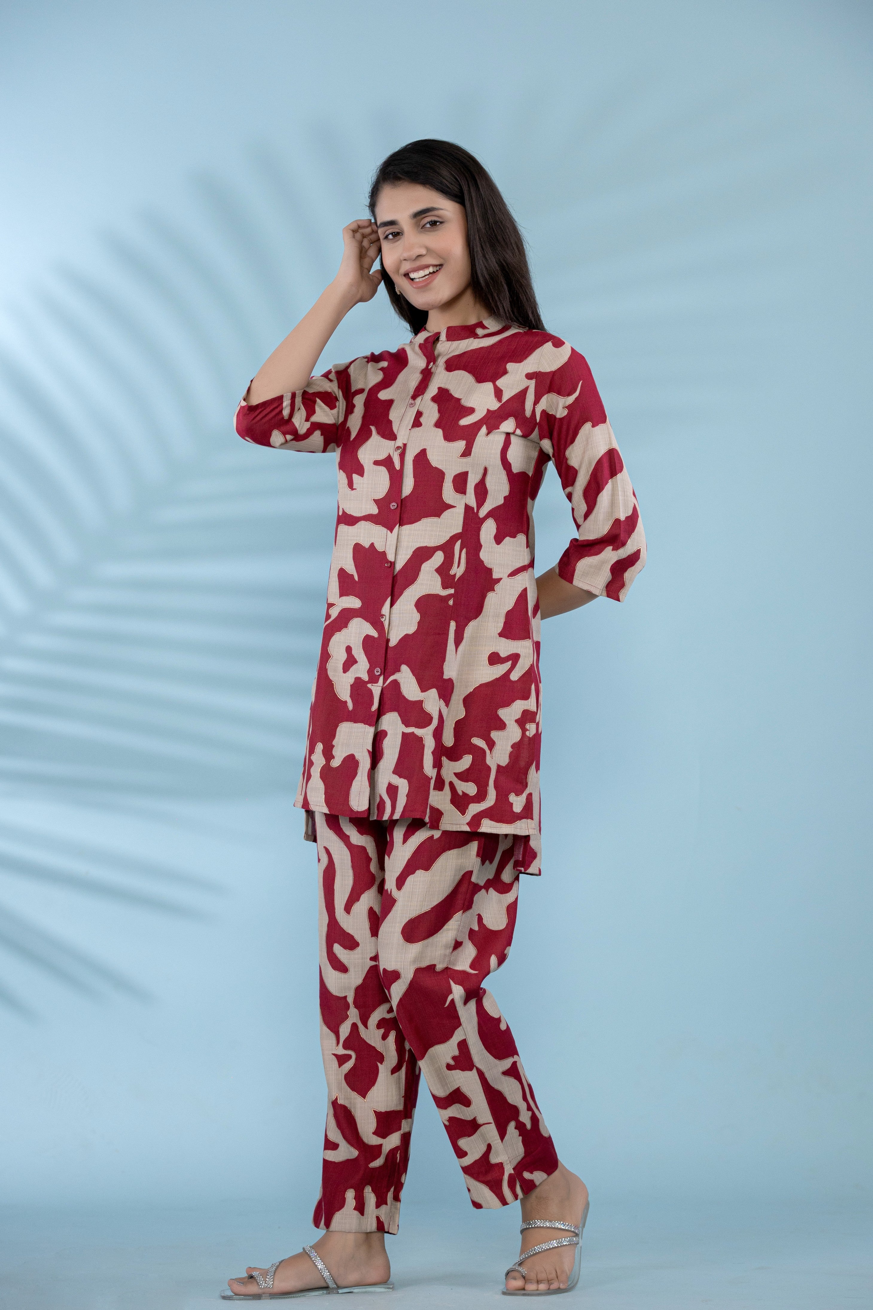 Women Button-Up Co-Ord Set With Red And White Abstract Floral Print