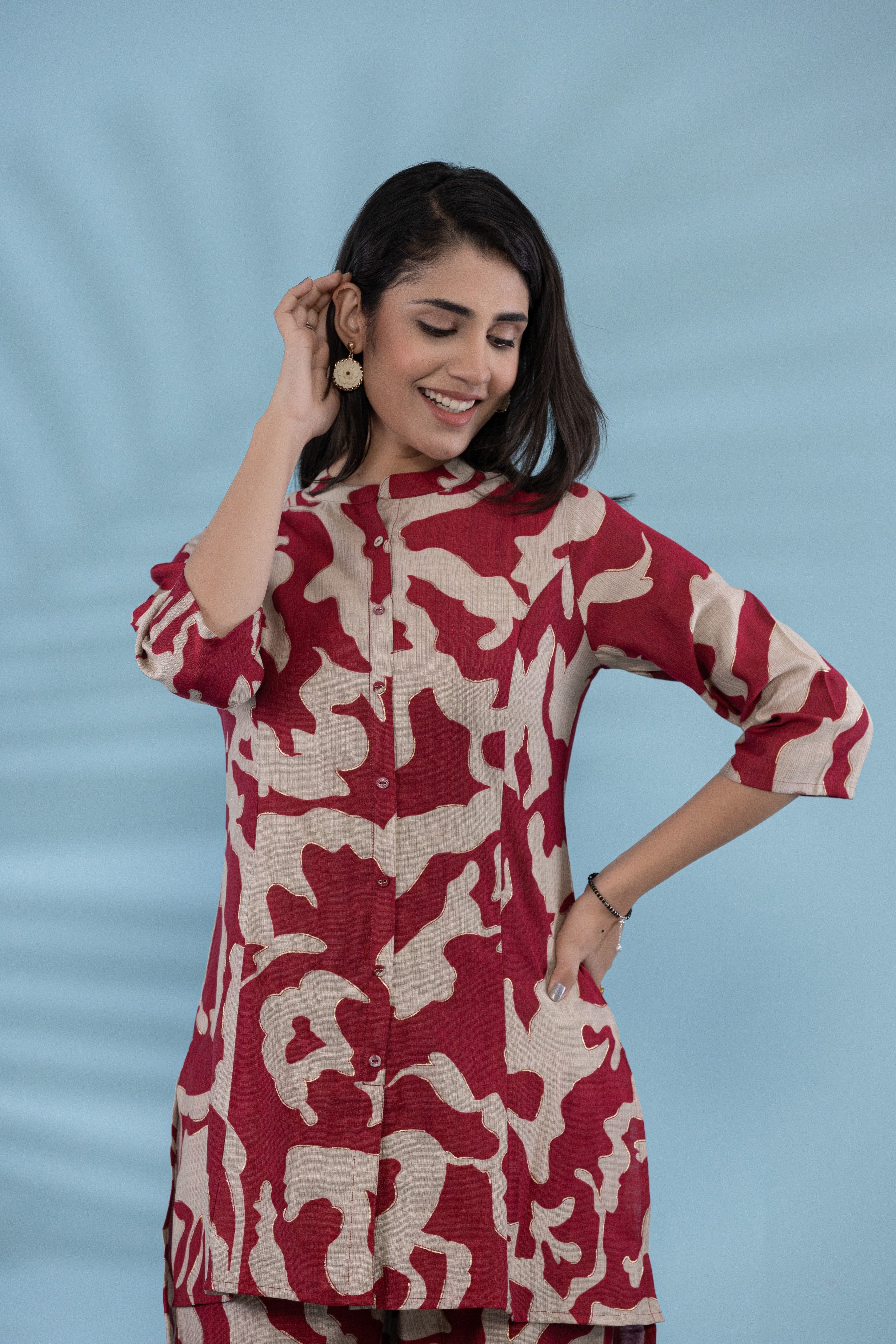 Women Button-Up Co-Ord Set With Red And White Abstract Floral Print