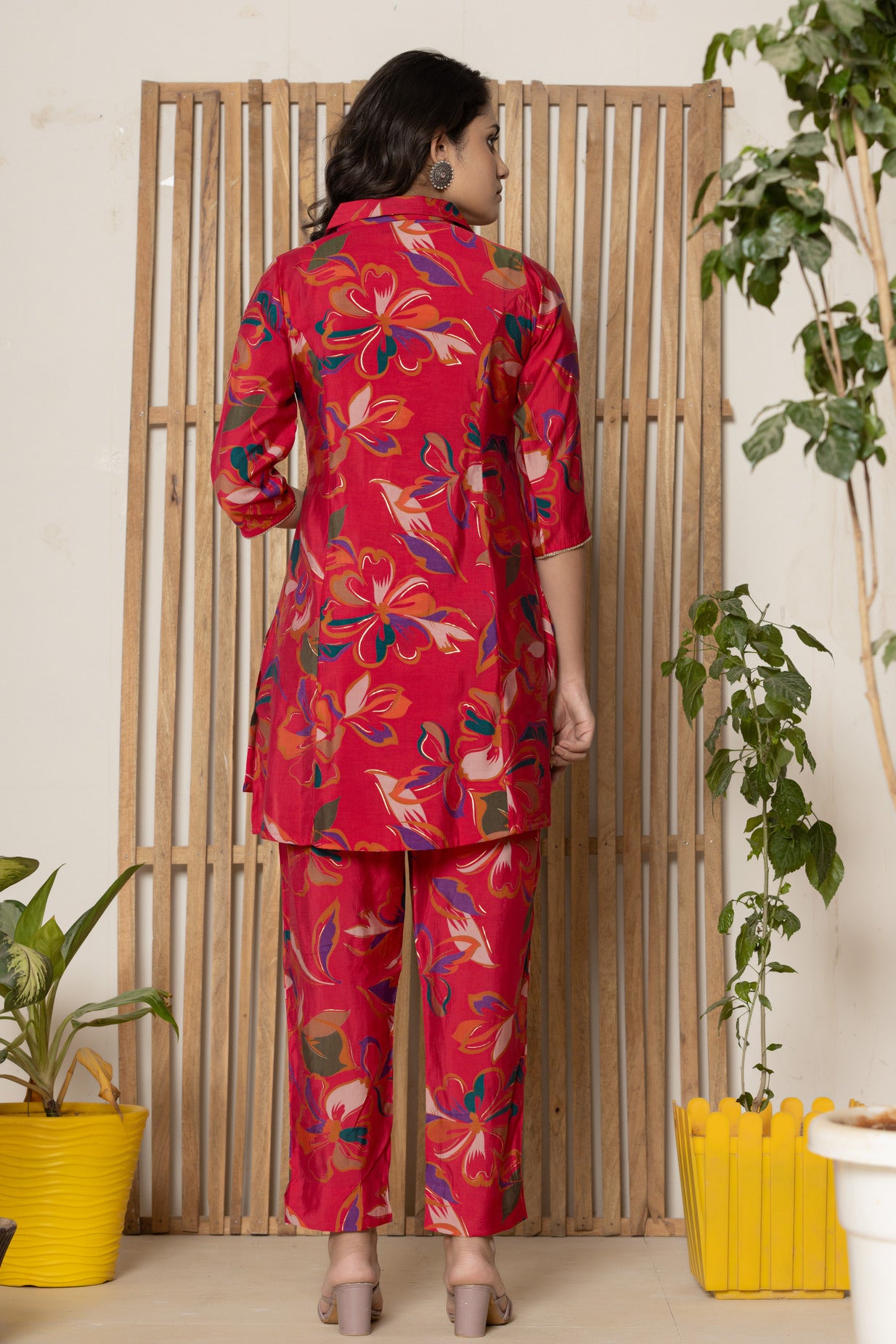 Red With Floral Printed Maslin Co-Ord Set