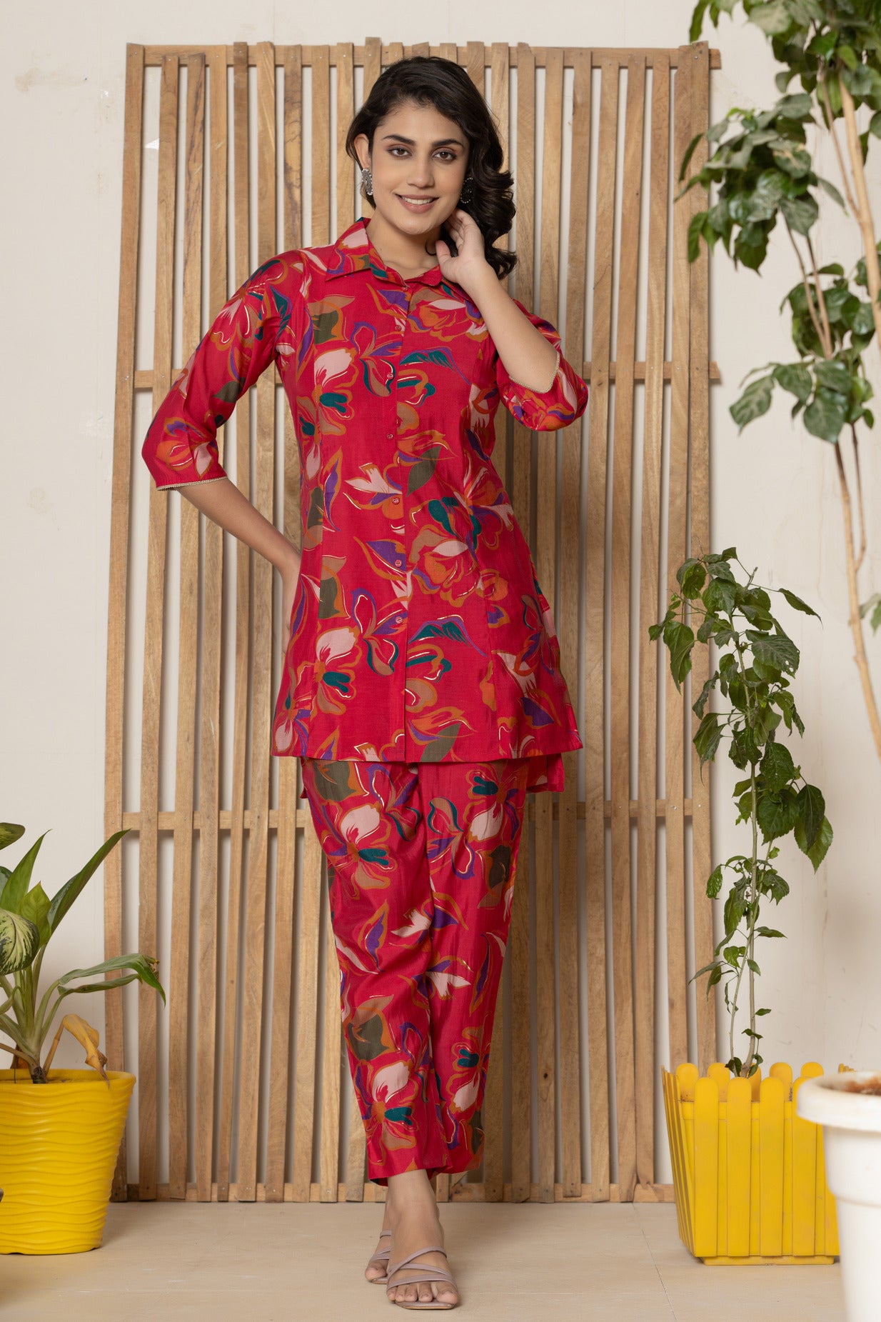 Red With Floral Printed Maslin Co-Ord Set